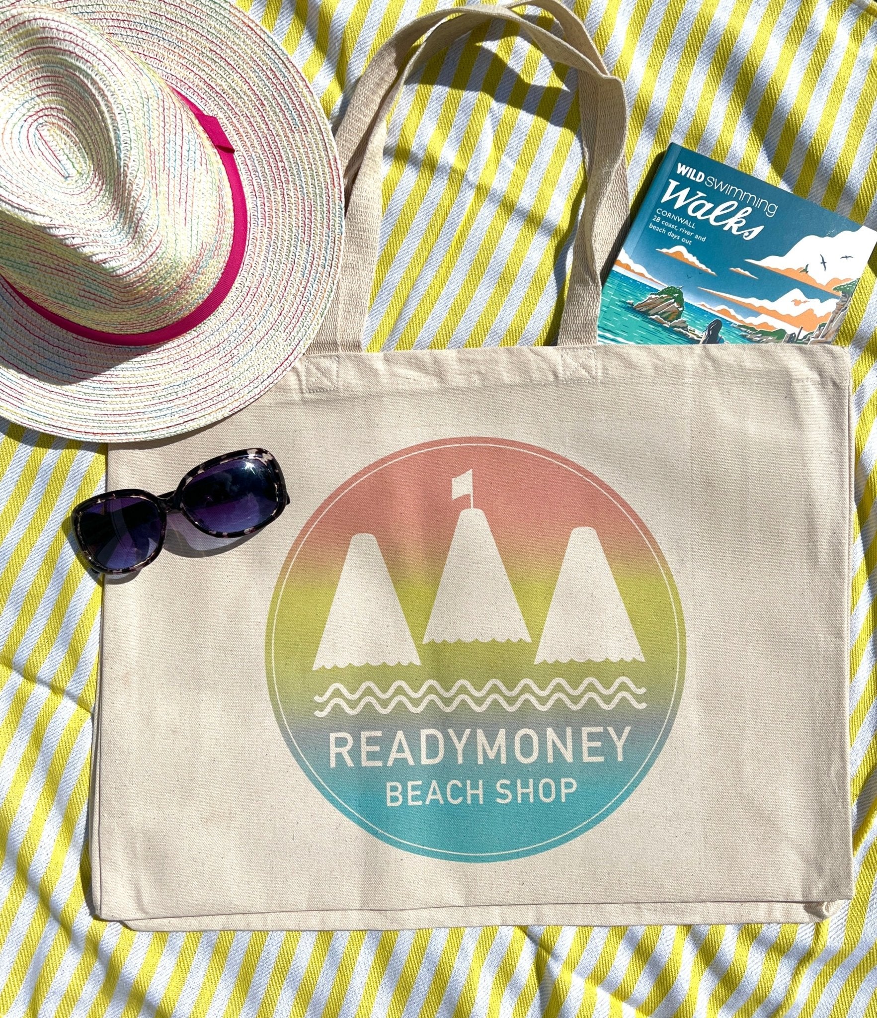 jumbo beach tote—Readymoney Beach Shop logo, roomy cotton shopper for coastal adventures and summer essentials