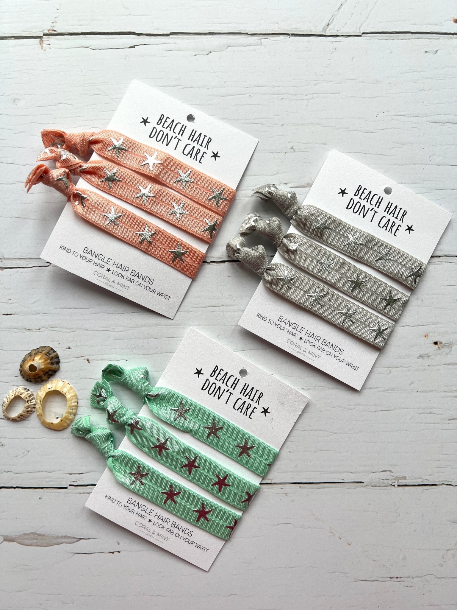 beach-themed elastic hair ties with starfish prints—stylish wrist bangle bands in coral, mint, and silver