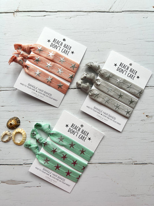 beach-themed elastic hair ties with starfish prints—stylish wrist bangle bands in coral, mint, and silver