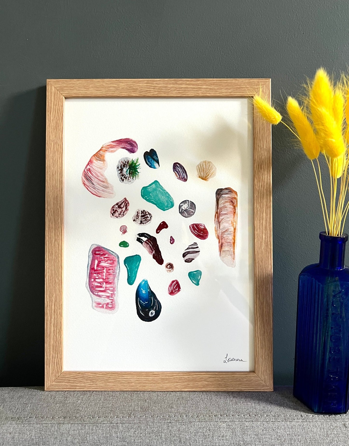 beachcombing watercolor art print—features hand-painted shells, sea glass, and marine treasures in coastal hues