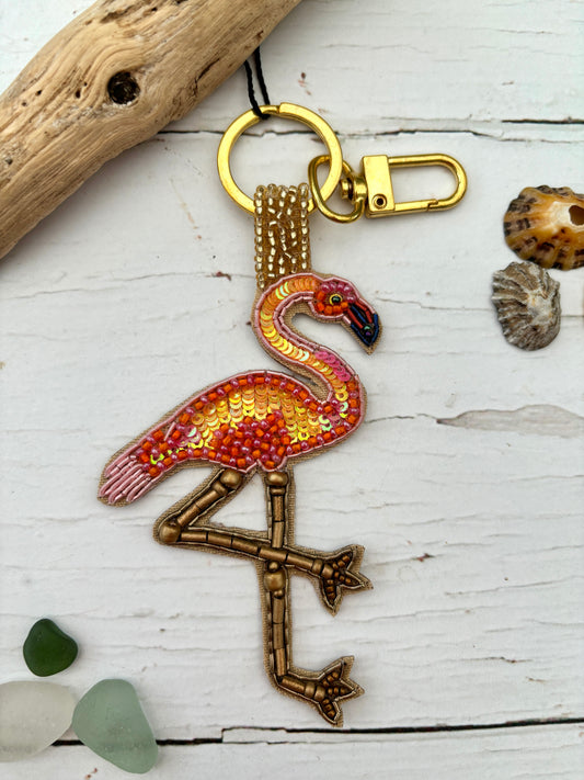 beaded flamingo key ring bag clip