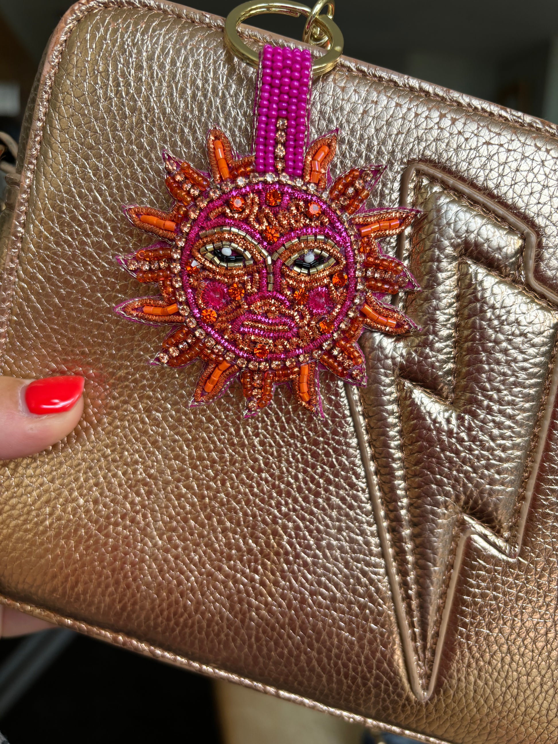 beaded sunshine face key ring with handbag