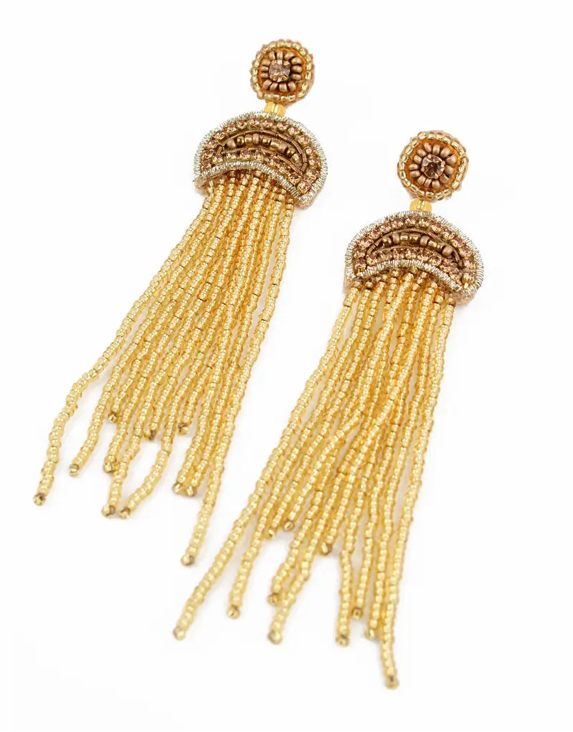 beaded gold jellyfish earrings on a white background