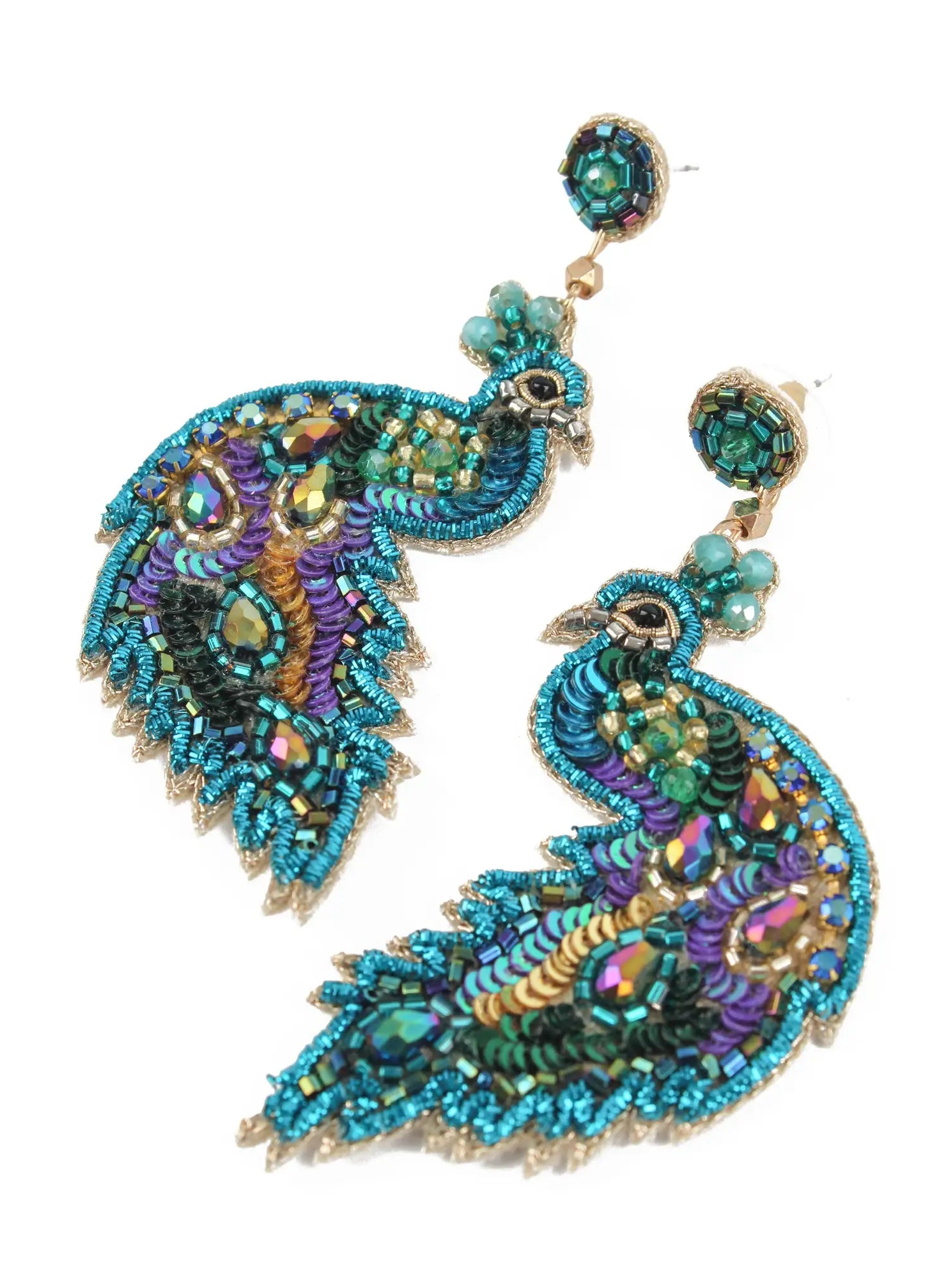 Colorful peacock-shaped earrings on a white background