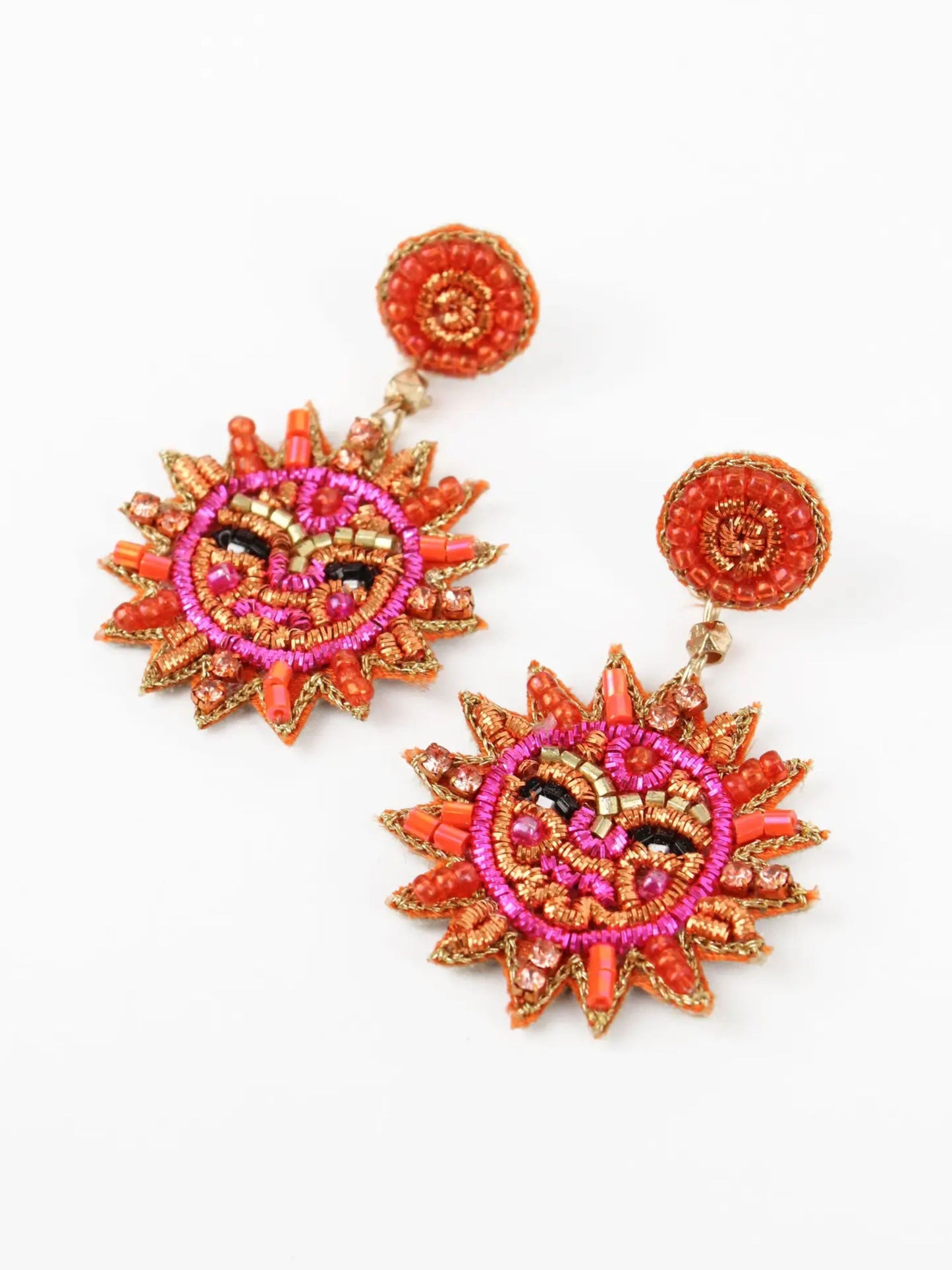 Pink & Gold Sun Face Beaded Statement Earrings