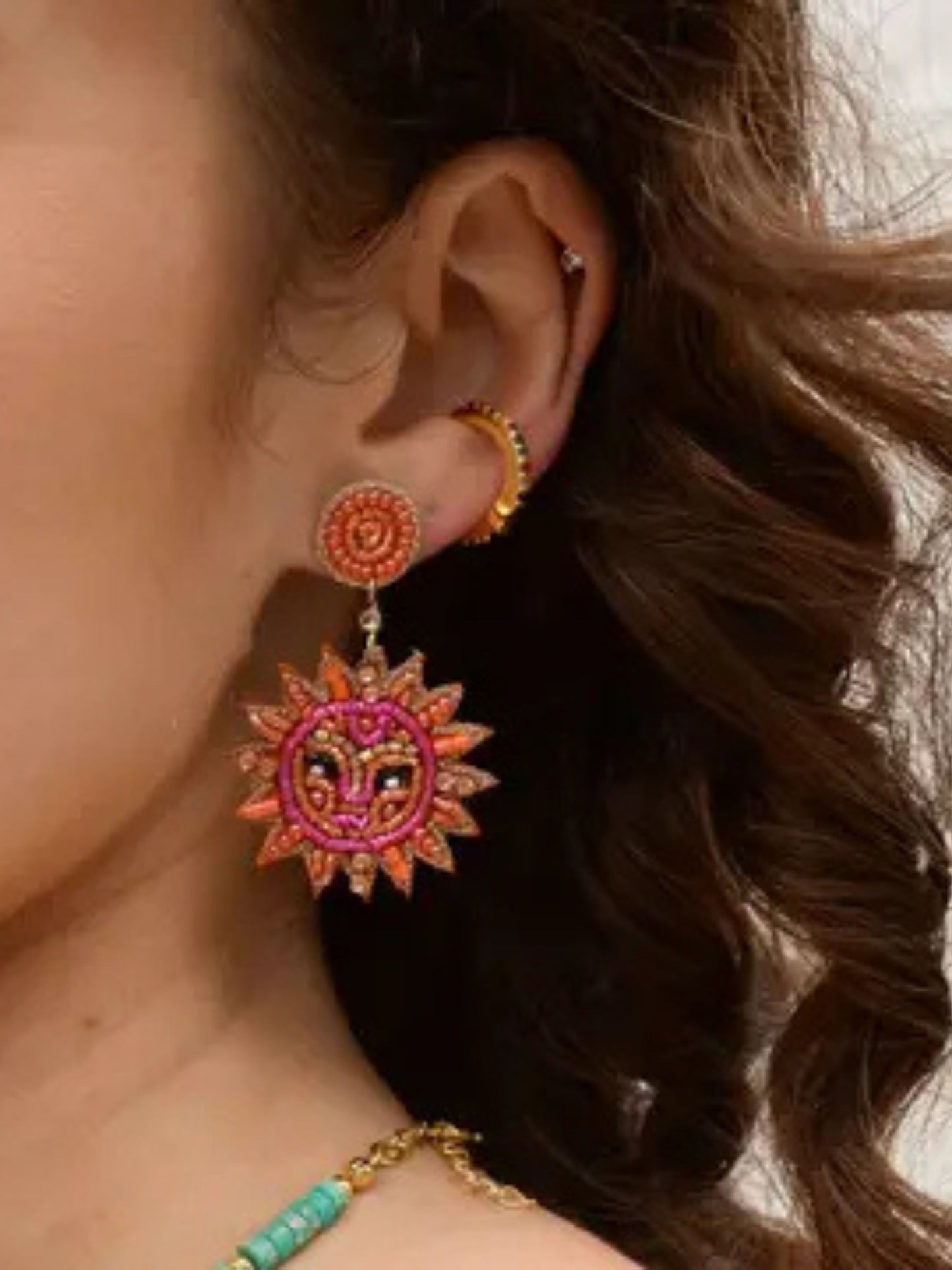 Pink & Gold Sun Face Beaded Statement Earrings