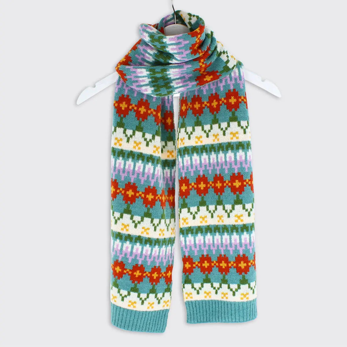 blue fair Isle scarf - geometric floral striped knit with pink zigzag white daisy red orange flower pattern