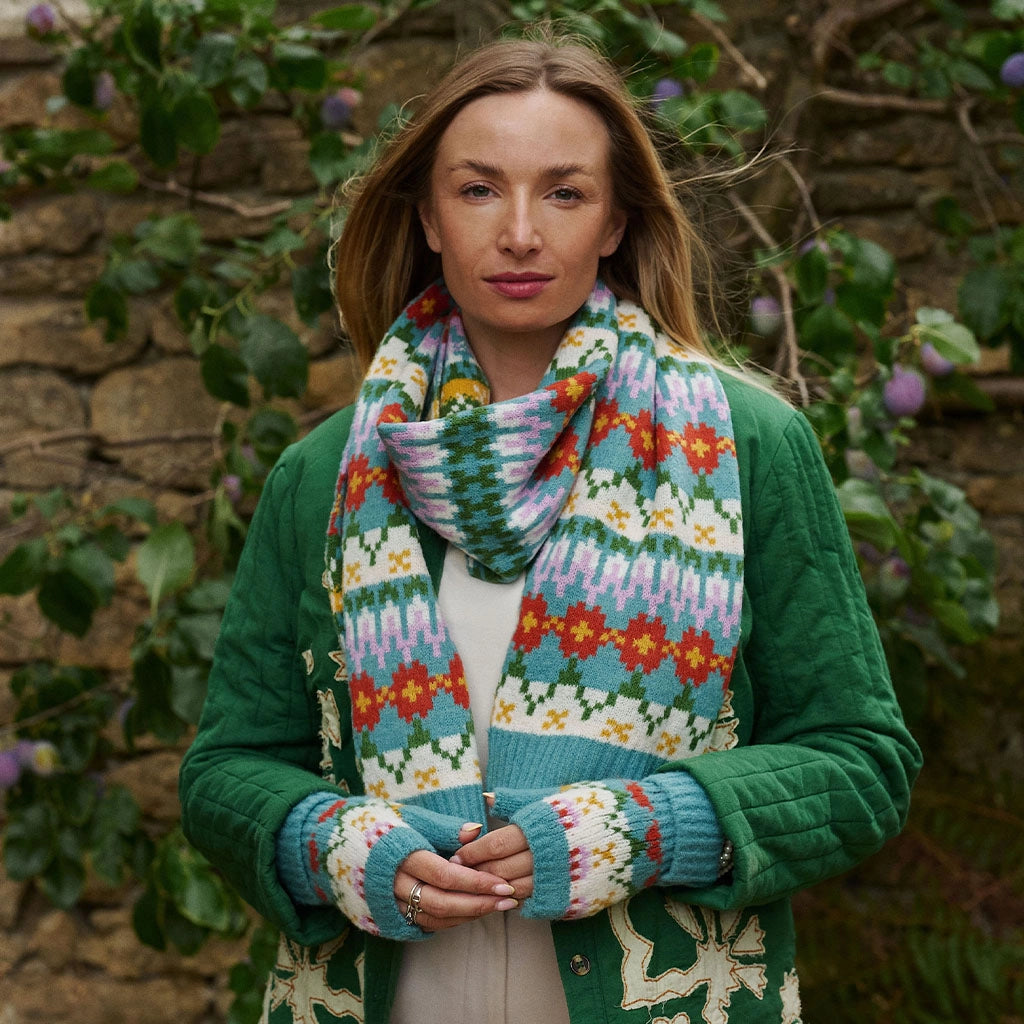 fair isle floral stripe scarf & gloves set - turquoise pink knit with white daisy red orange yellow flower pattern