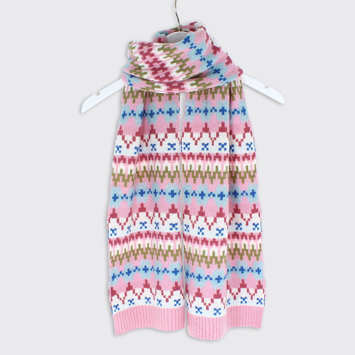 pink fair isle knit scarf - blue green geometric zigzag stripe pattern soft wool winter accessory wrap