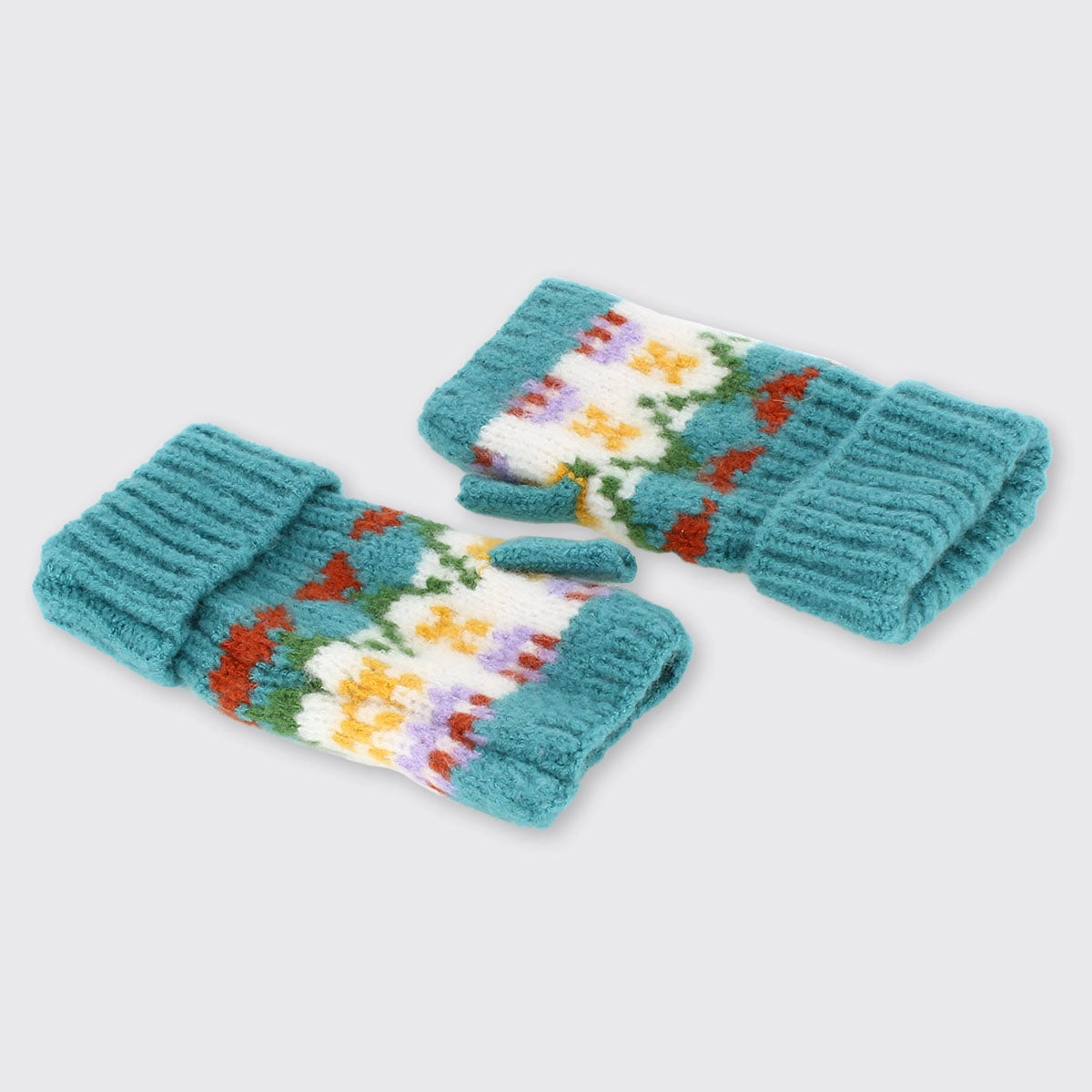 blue fair Isle fingerless gloves - white floral stripe knit mitts with orange yellow purple green pattern
