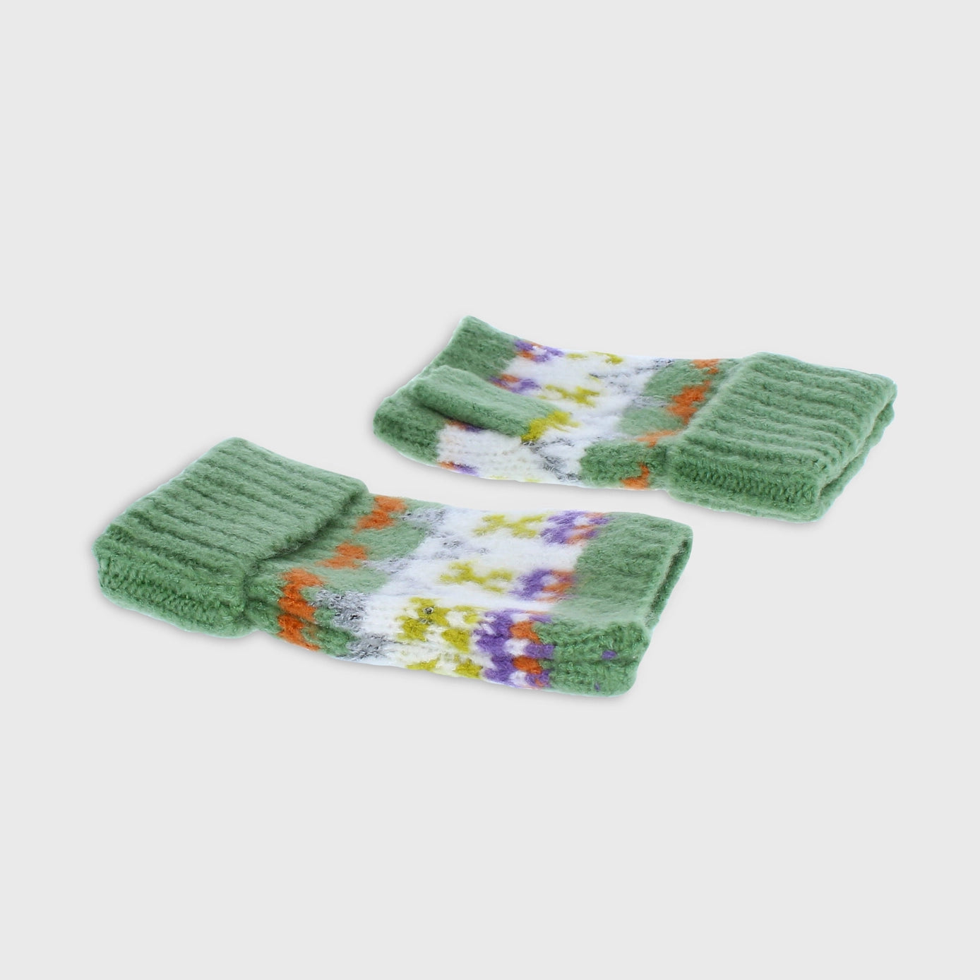 green fair isle fingerless gloves - white floral stripe knit hand warmers with orange purple yellow pattern