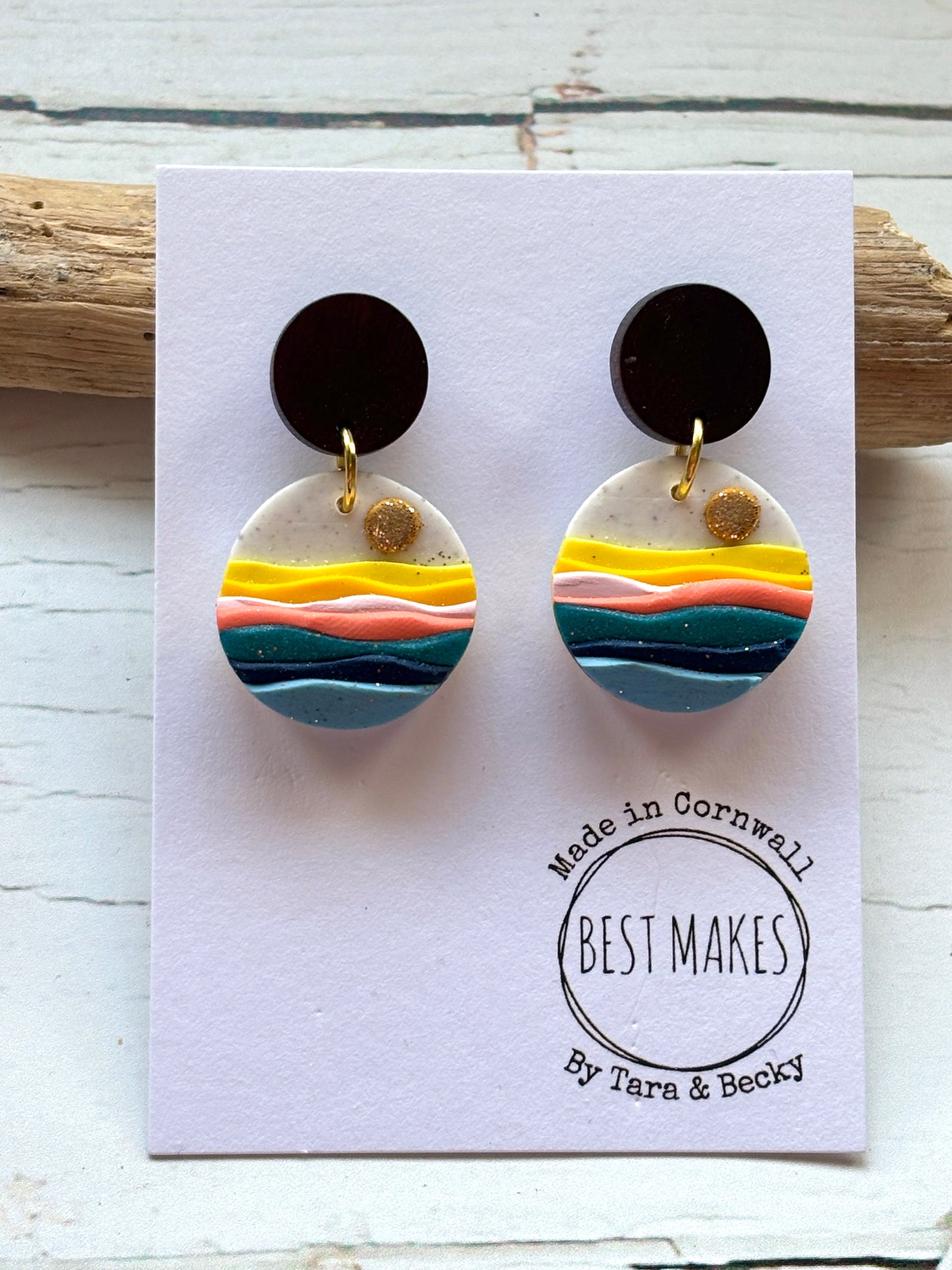 polymer resin beach sunset earrings layered coastal design with orange, pink, and teal waves handmade beach accessory