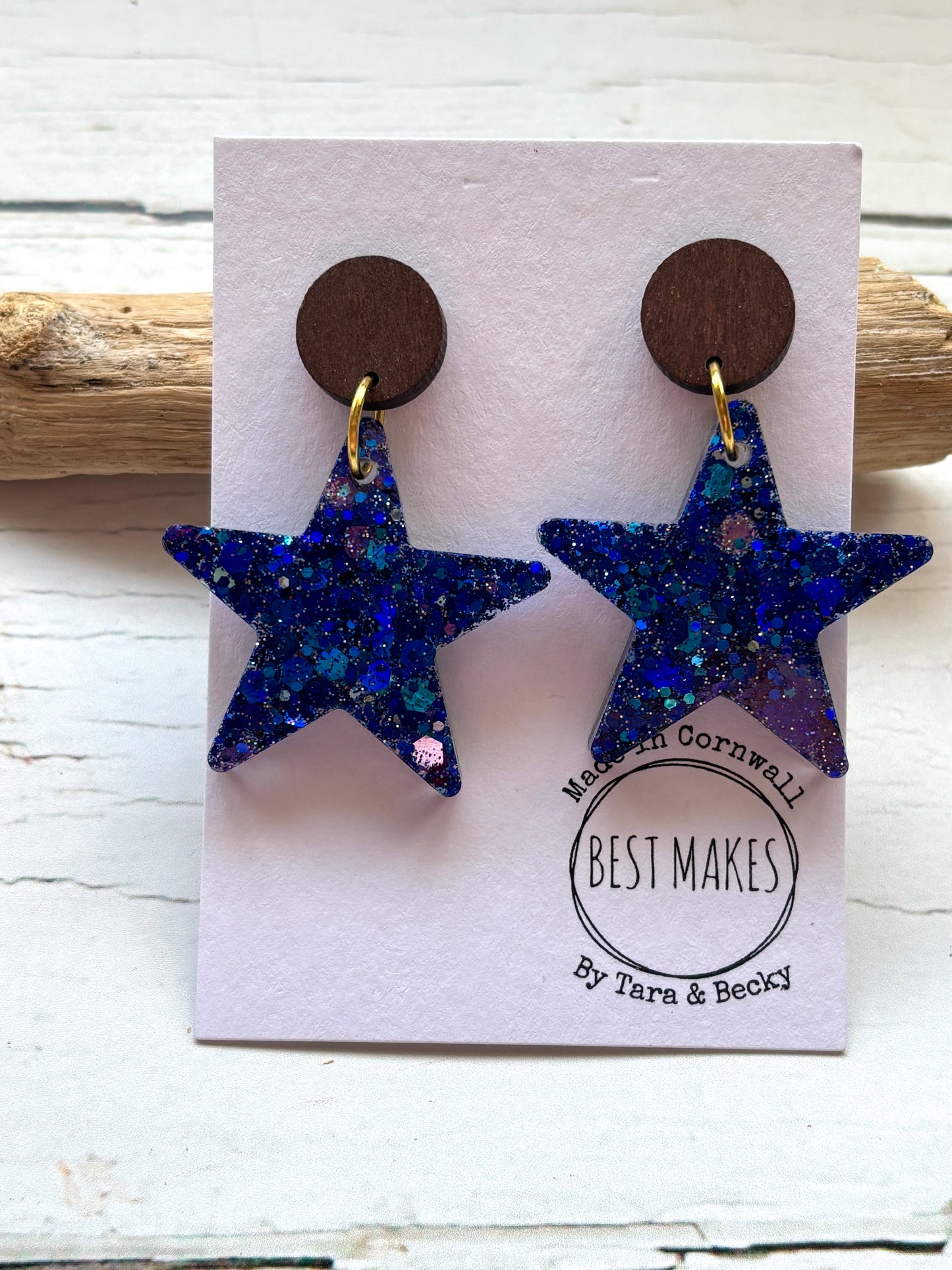 blue resin glitter star earrings statement jewelry with dark wooden stud celestial galaxy fashion and handmade gift