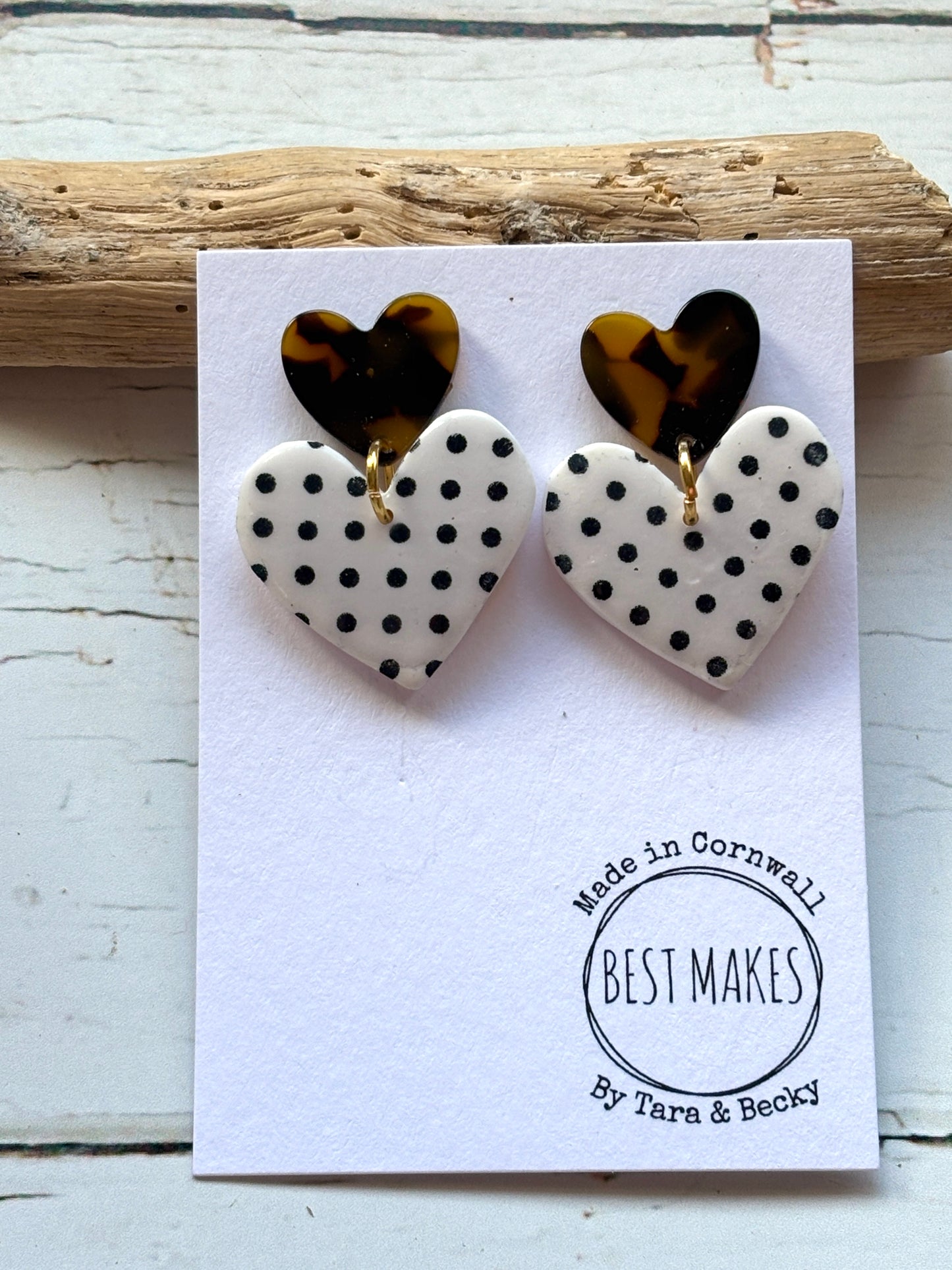 tortoiseshell and polka dot heart earrings polymer resin statement jewelry with a two-toned layered design stylish fashion accessory gift