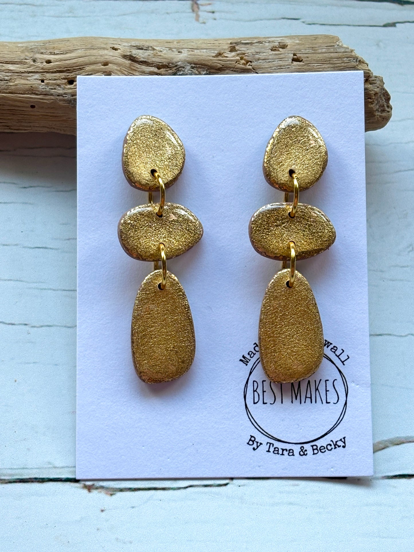 triple drop gold nugget earrings textured metallic polymer resin jewelry minimalist organic dangle earrings 