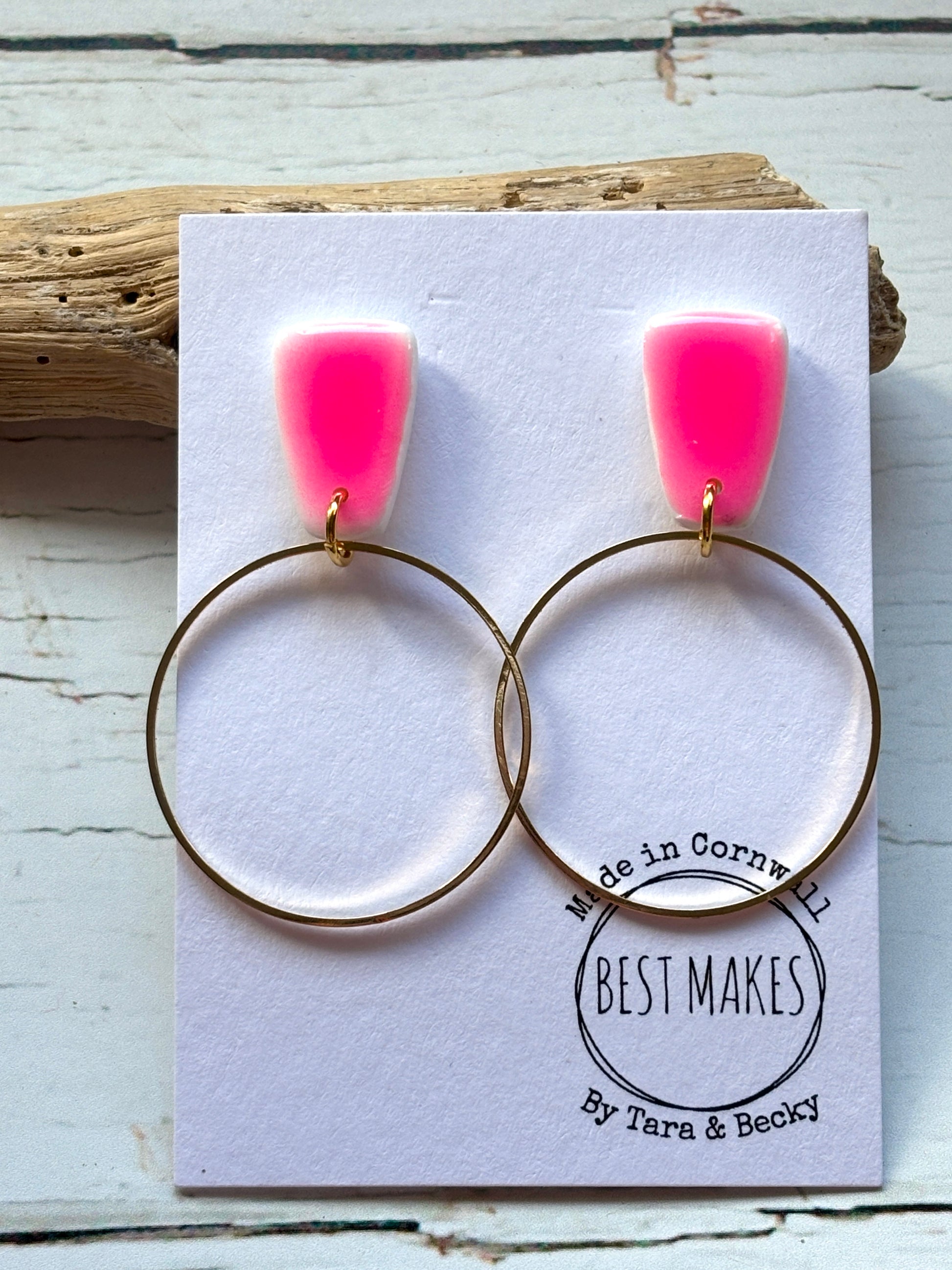 neon pink trapezoid stud earrings dangle gold-tone hoop jewelry handmade polymer resin and metal statement accessory