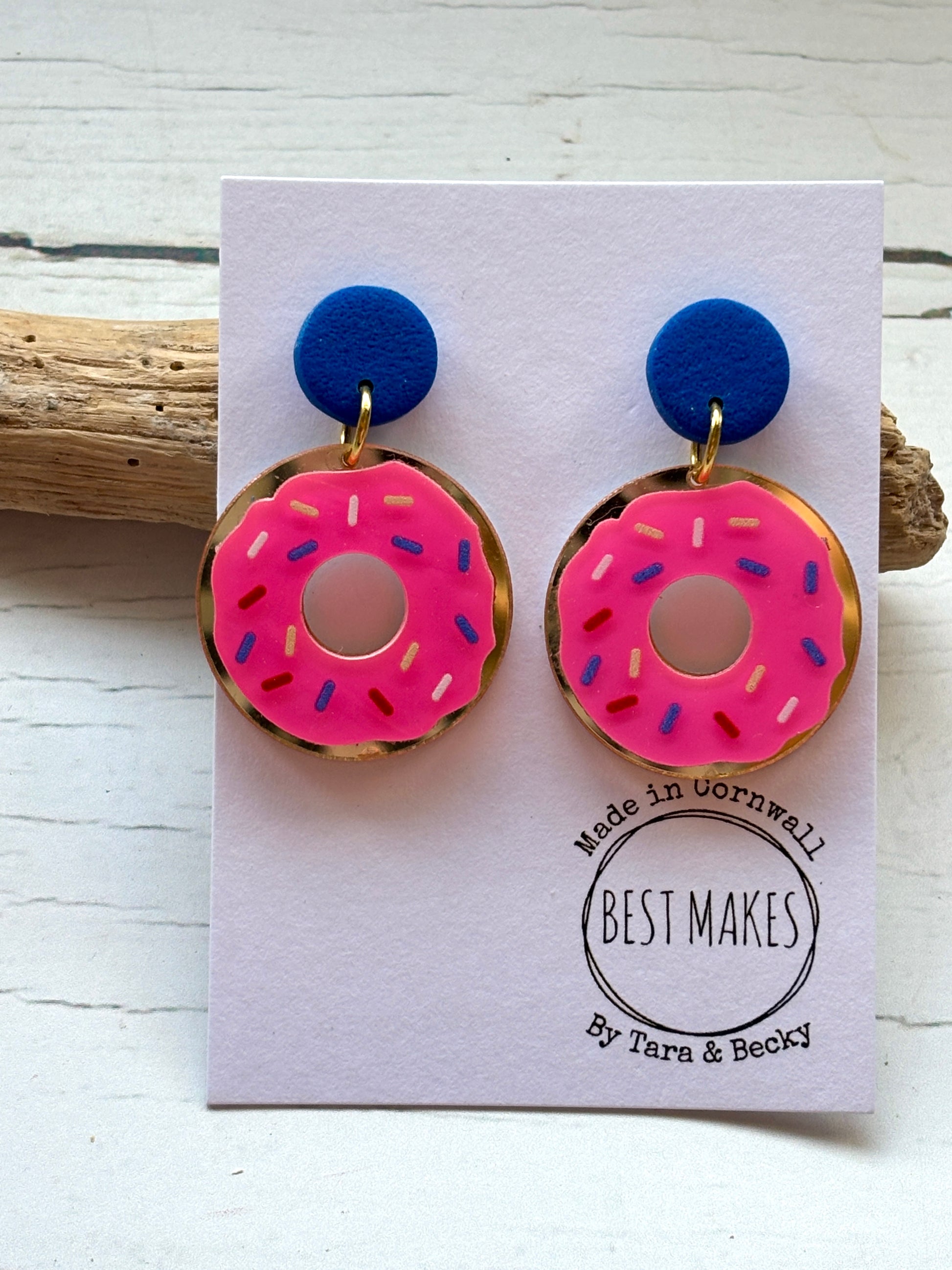 hot pink donut earrings with sprinkles with royal blue polymer resin stud novelty foodie jewelry
