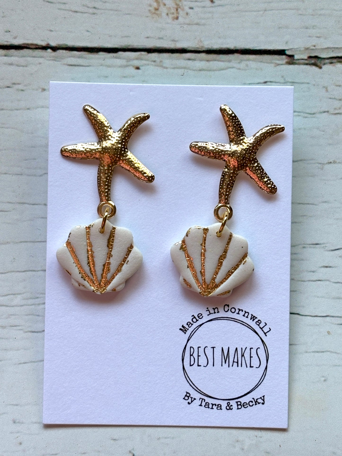 gold starfish stud shell earrings handmade white and gold polymer resin jewelry nautical dangle accessory for beach lovers