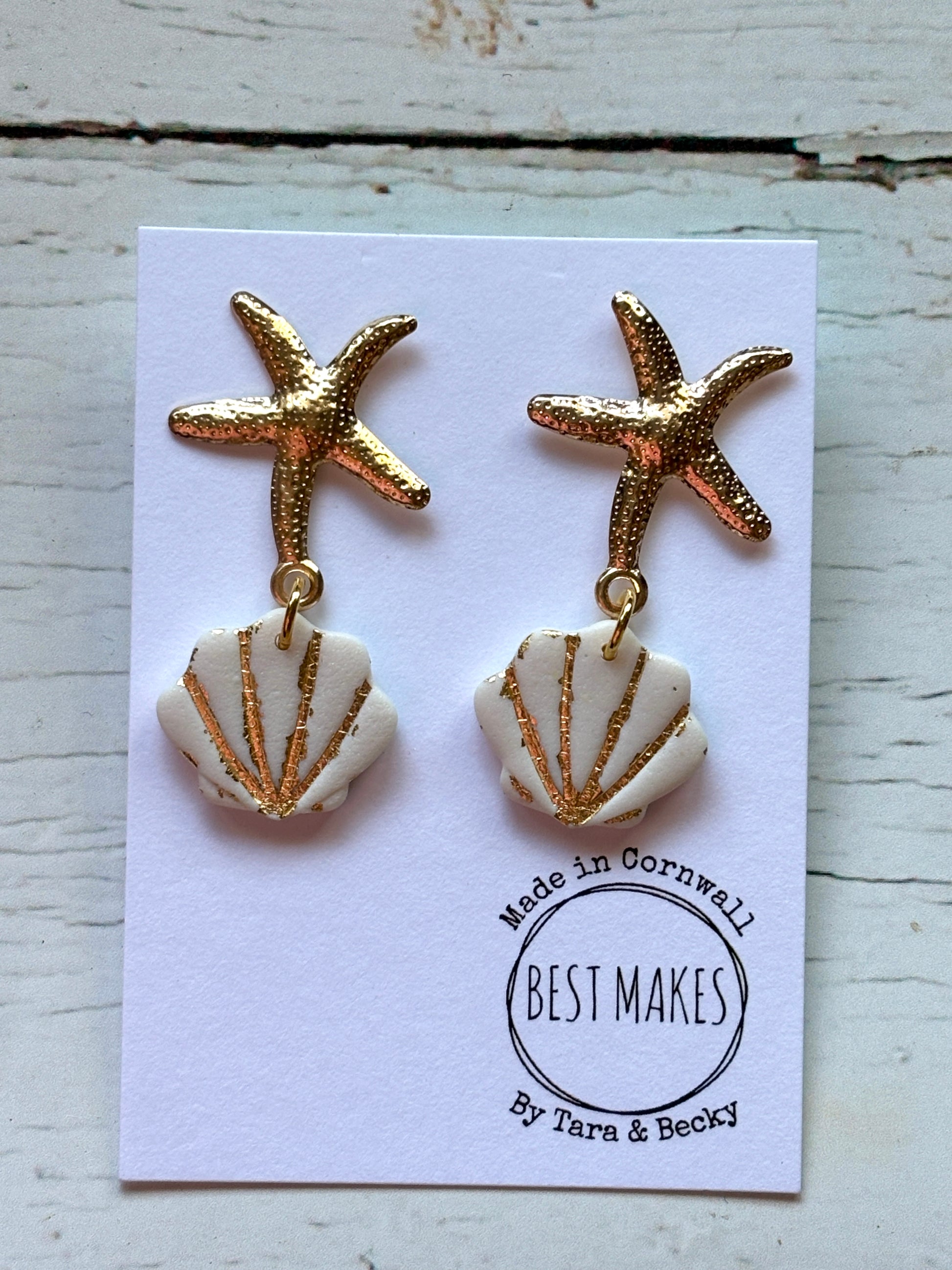 gold starfish stud shell earrings handmade white and gold polymer resin jewelry nautical dangle accessory for beach lovers