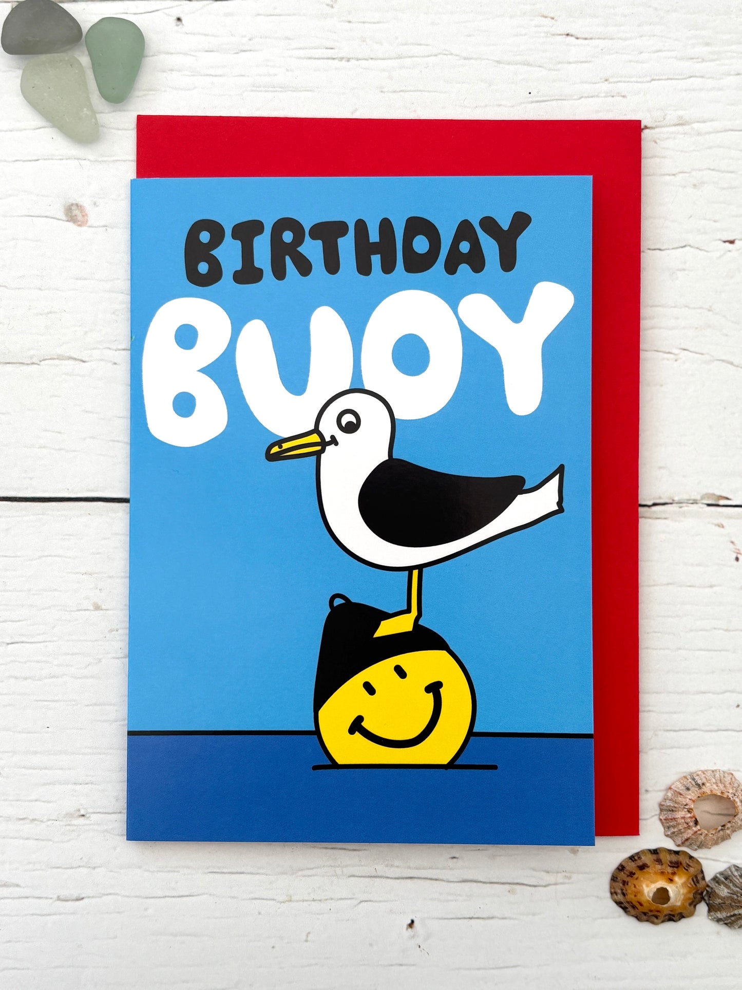 funny seagull birthday card—cartoon buoy with beanie, ocean theme, perfect for pun-loving coastal celebrations