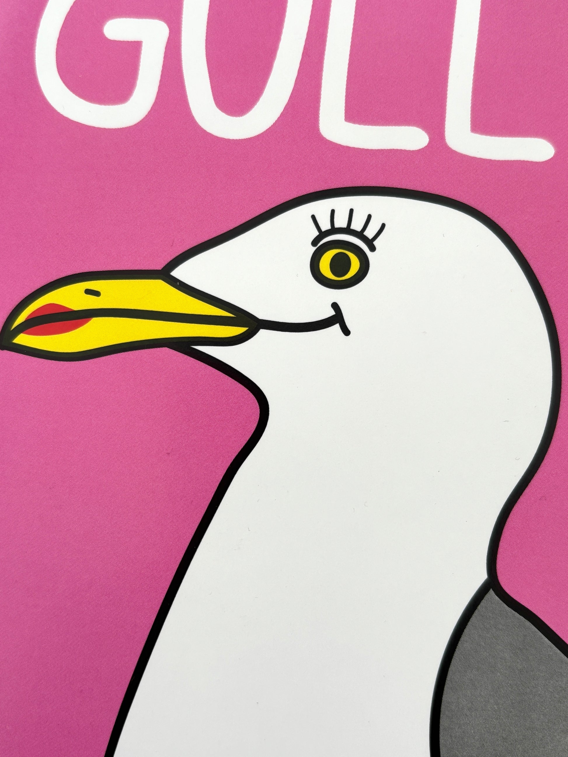 closeup shot of birthday gull card—bold pink background, cartoon seagull, seaside pun for fun coastal greetings