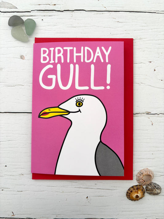 birthday gull card—playful pink design with cartoon seagull, perfect for pun-loving beachside celebrations