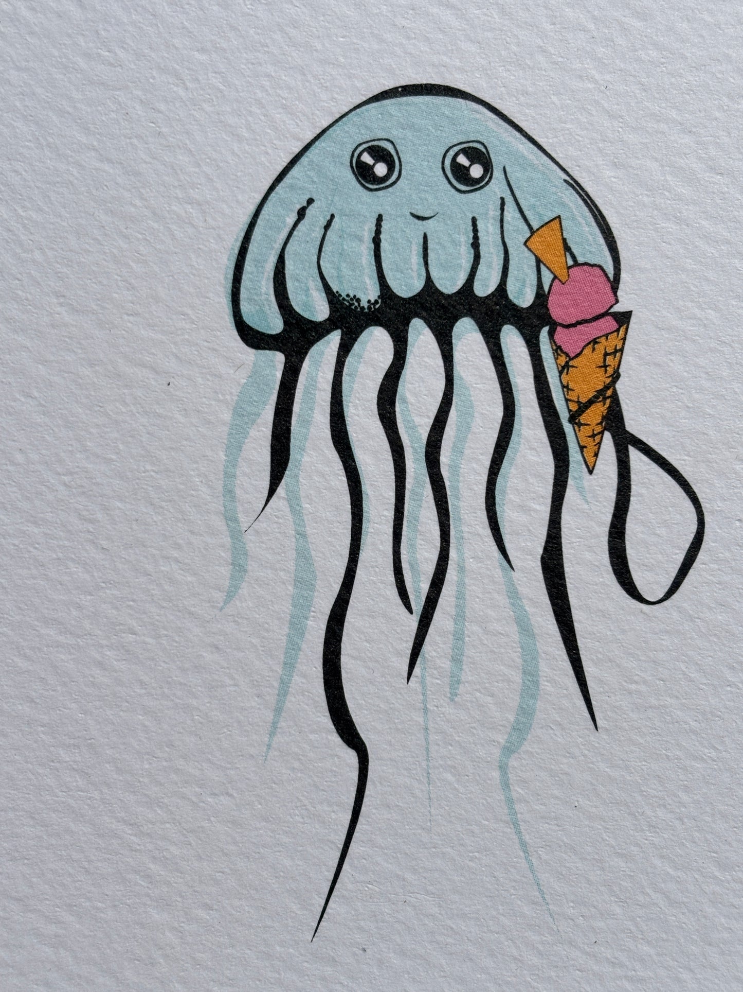 adorable baby blue jellyfish illustration eating an ice cream cone quirky and sweet birthday card for sea animal lovers