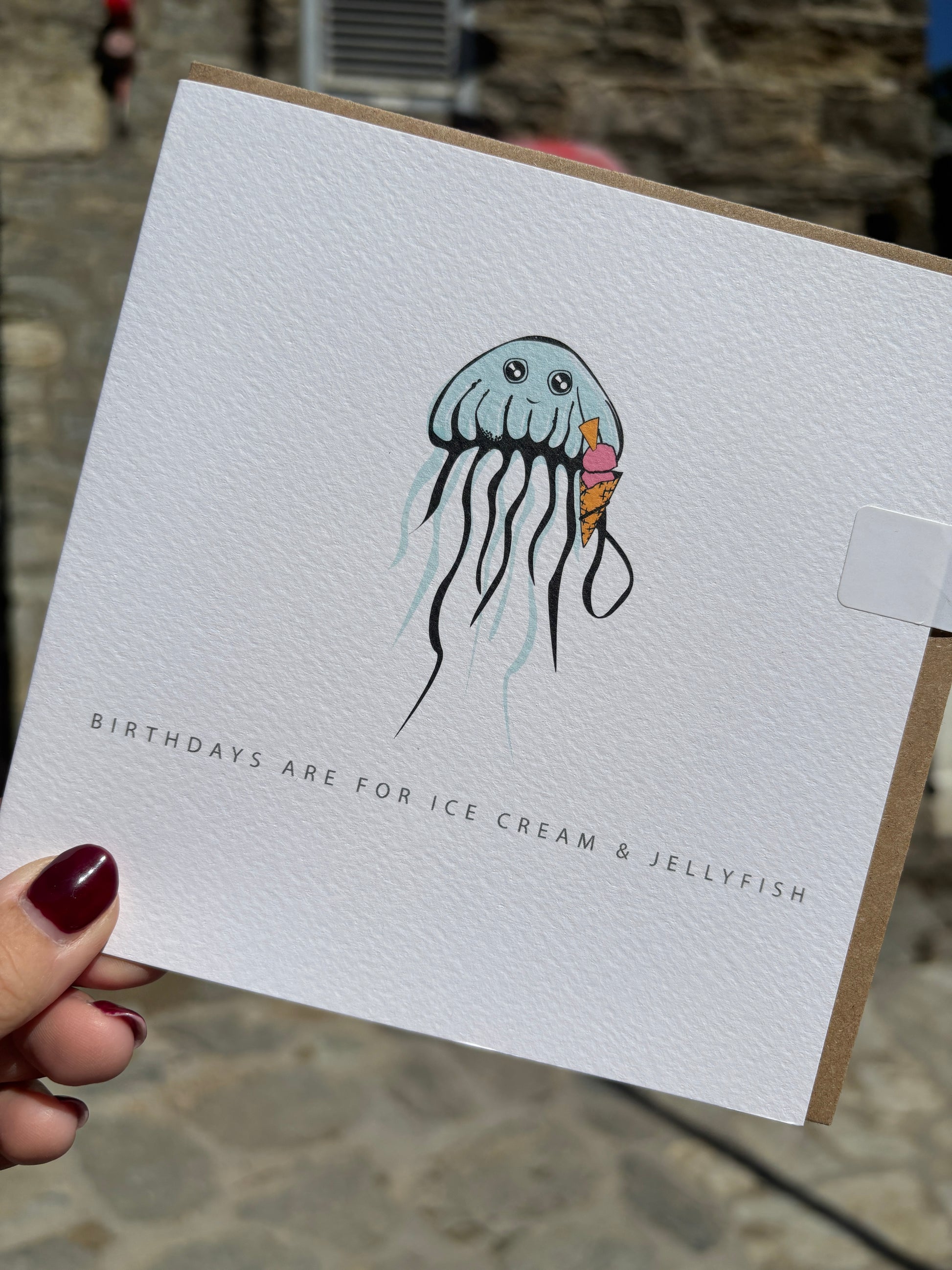 birthday ice cream jellyfish card—cute jellyfish with cone illustration on textured paper, perfect for ocean-themed birthday gifting