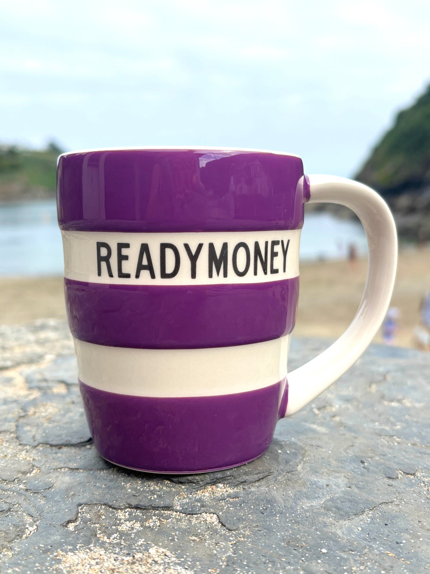 purple striped READYMONEY mug—12oz limited edition ceramic, perfect for coastal coffee moments and seaside gifting