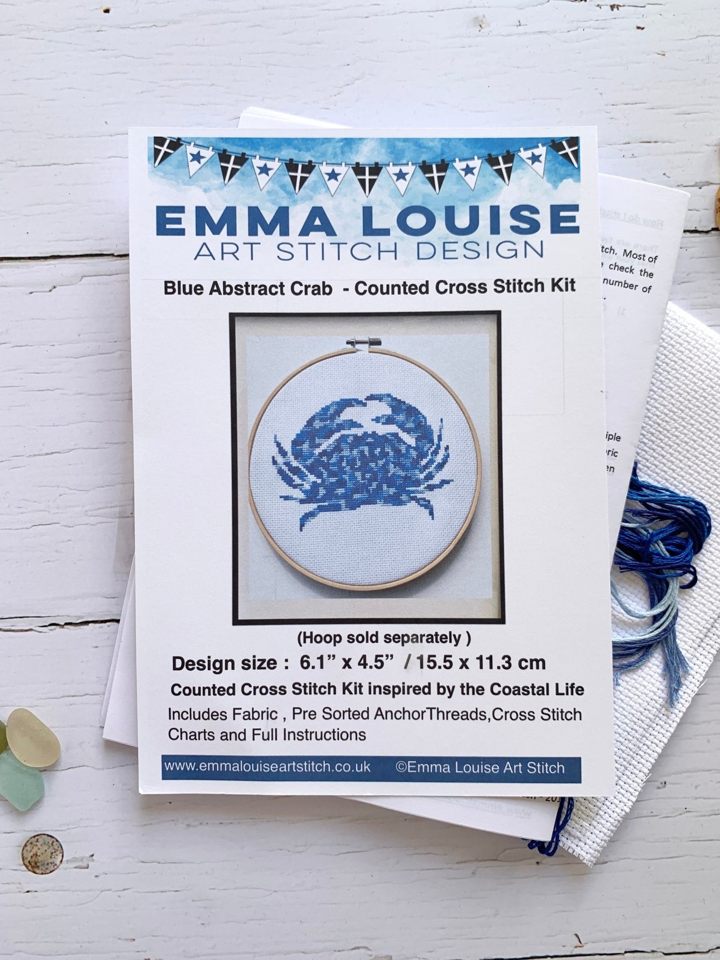 blue crab cross stitch kit with nautical flair—includes fabric, Anchor threads, chart, and instructions