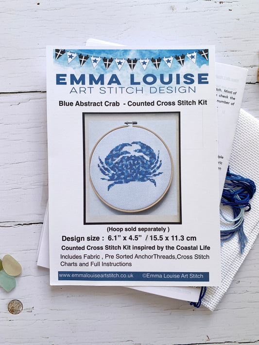 blue crab cross stitch kit with nautical flair—includes fabric, Anchor threads, chart, and instructions