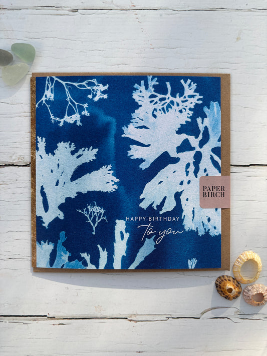 cyanotype seaweed birthday card with coastal design; deep blue botanical print and elegant white lettering