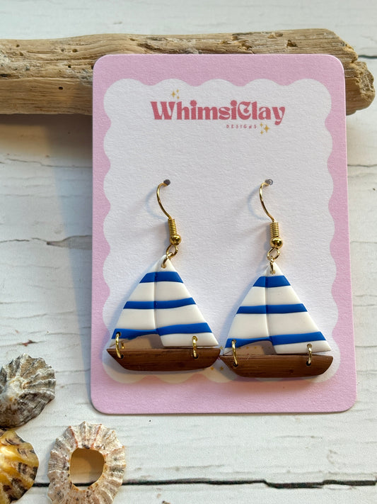 striped sailboat drop earrings handcrafted polymer clay summer accessory nautical blue and white jewelry with gold hook