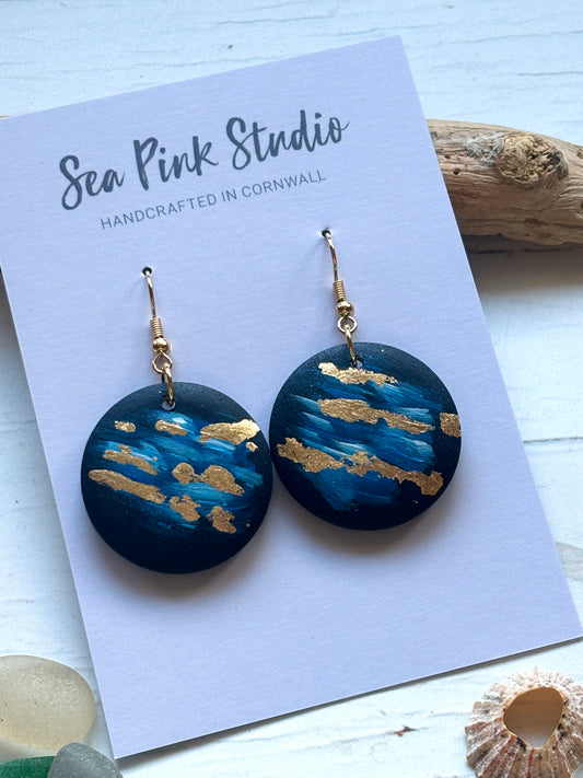 Handpainted Gold & Blue Wooden Earrings