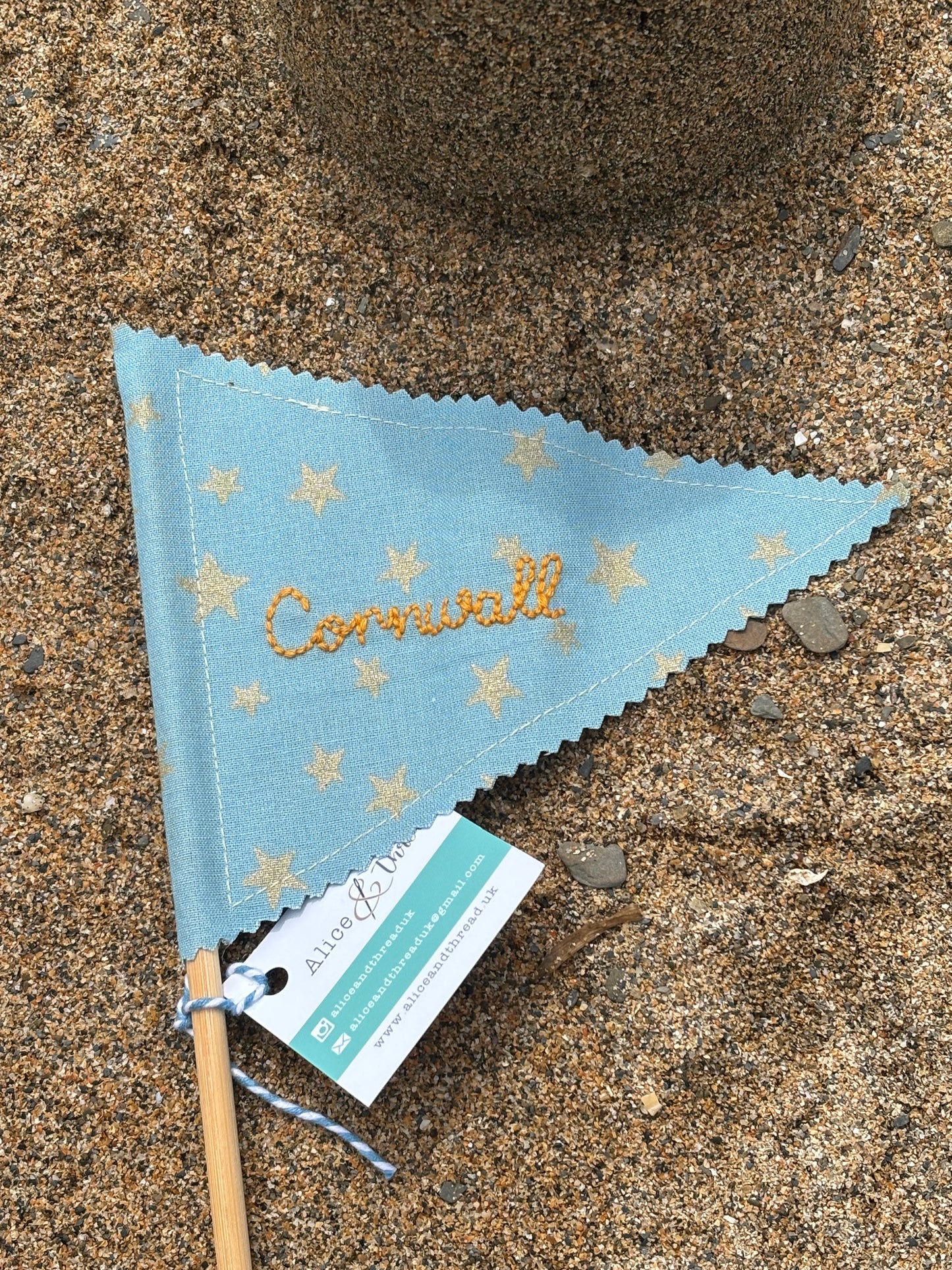 Handmade Embroidered Fowey & Cornwall Sandcastle Fabric Flags