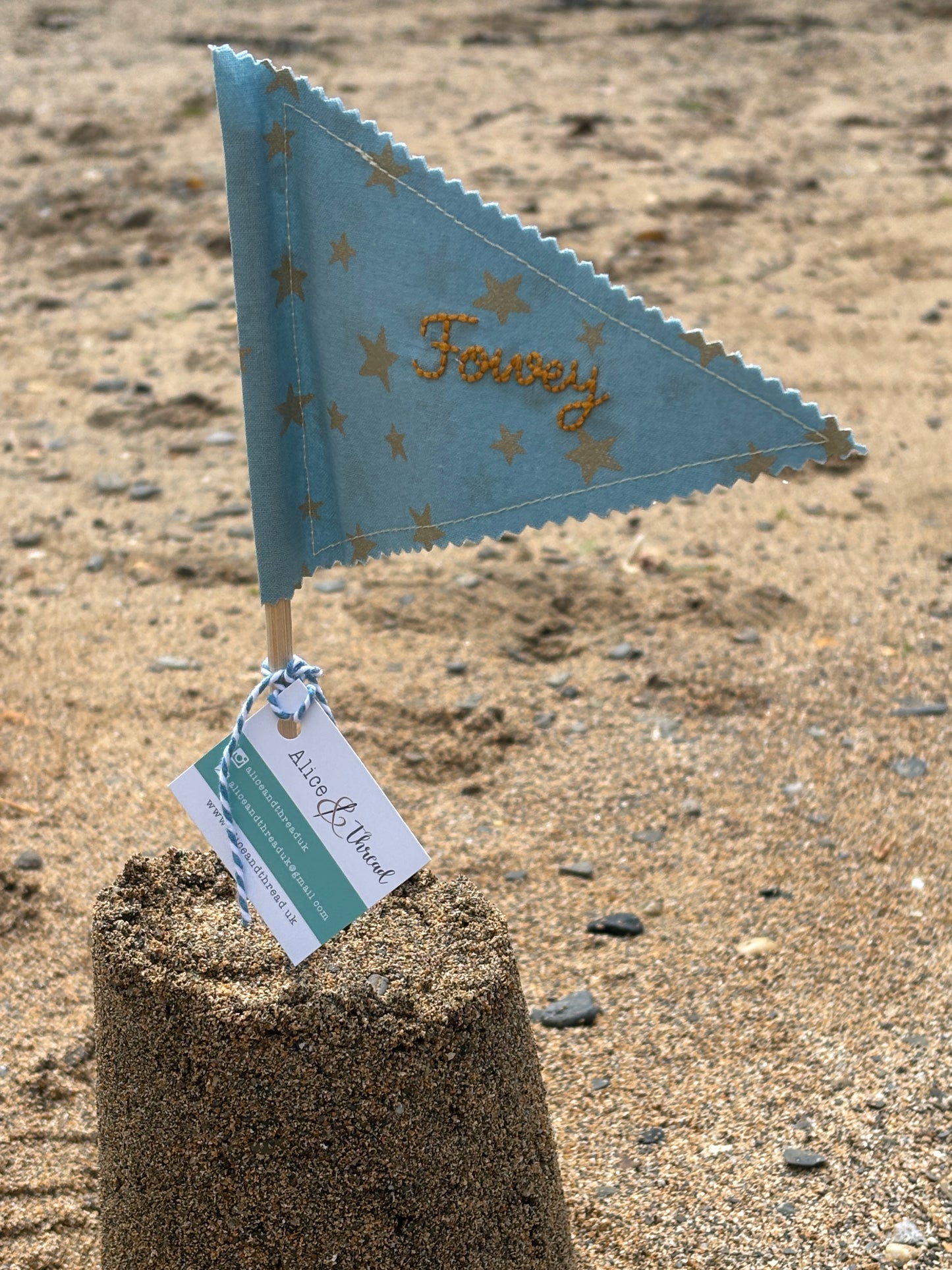 Handmade Embroidered Fowey & Cornwall Sandcastle Fabric Flags