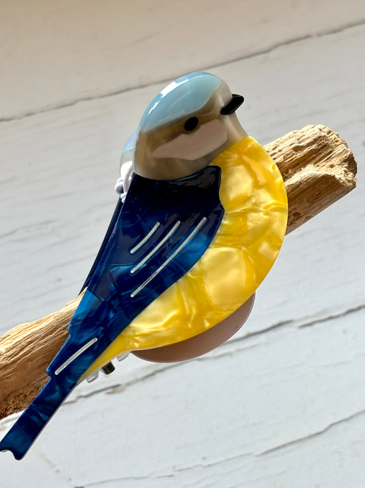 glossy blue tit bird hair claw – vibrant ceramic clip with yellow body, blue wings, and modern sculpted design