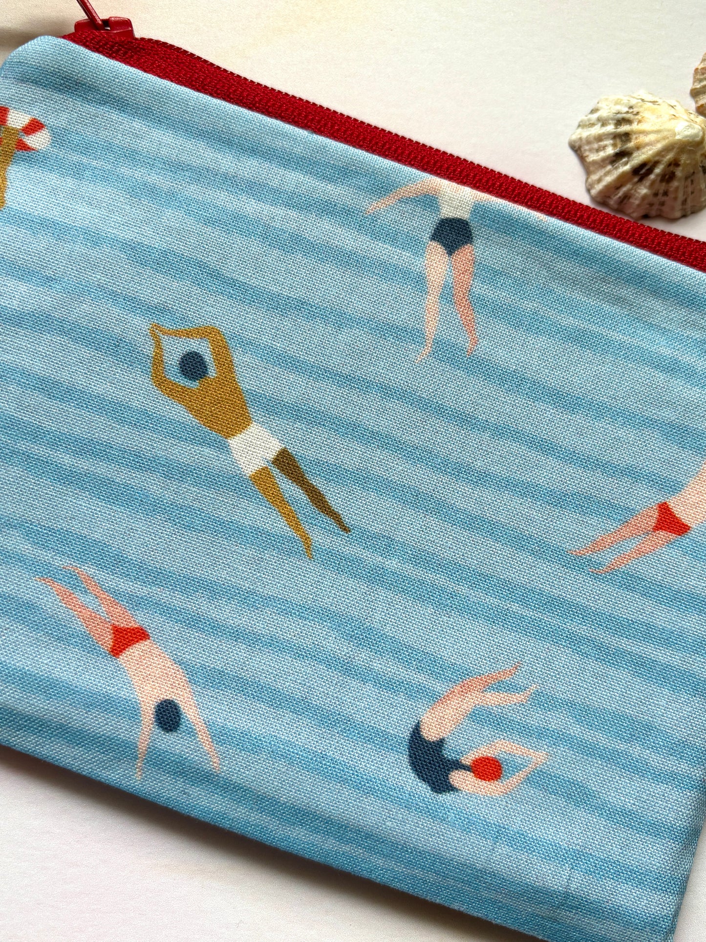 Zipped Swimmers Light Blue Pattern Fabric Purse
