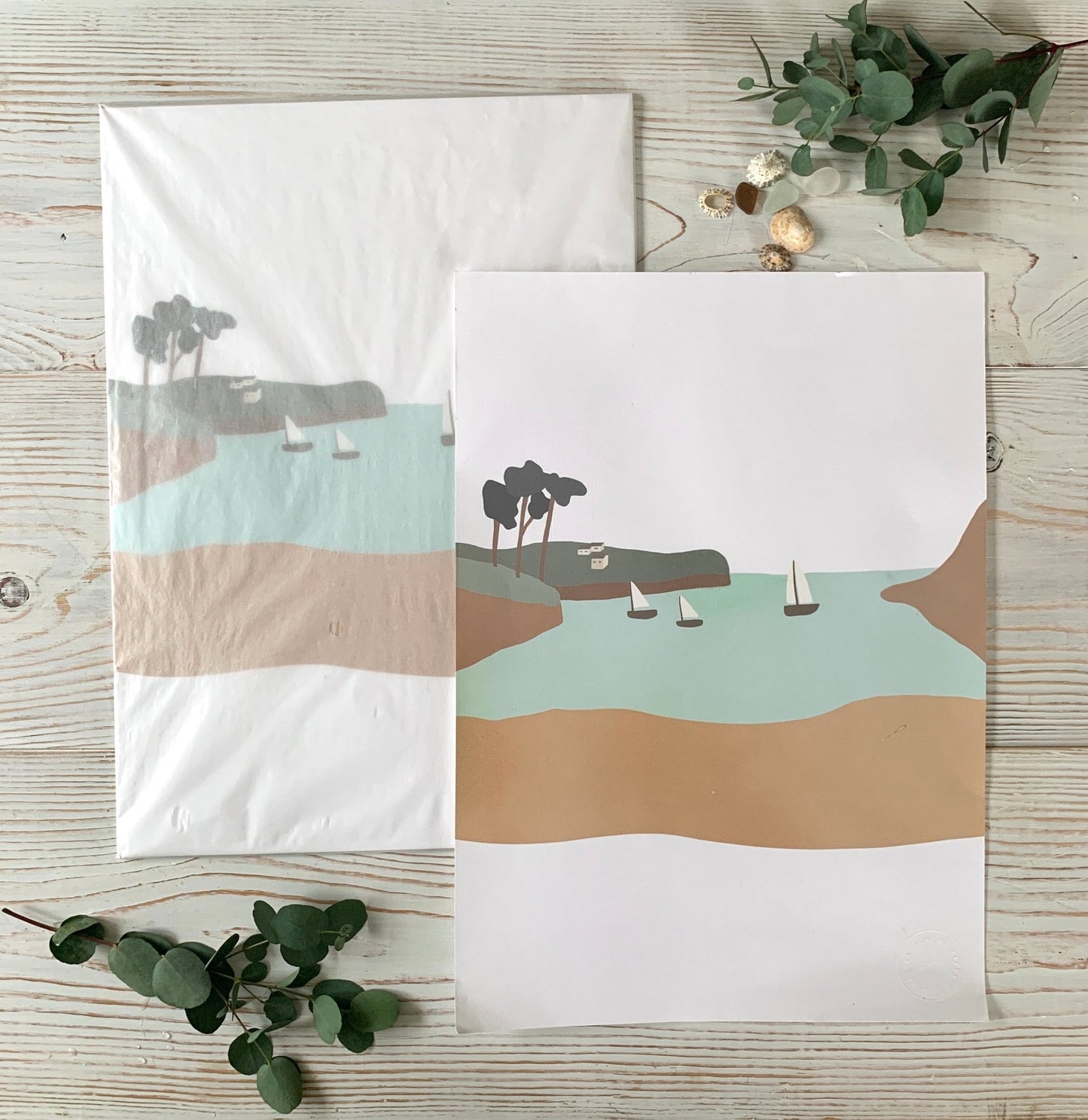 coastal landscape art print with sailboats, turquoise sea, and minimalist beach scene; serene wall decor