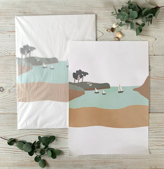 coastal landscape art print with sailboats, turquoise sea, and minimalist beach scene; serene wall decor