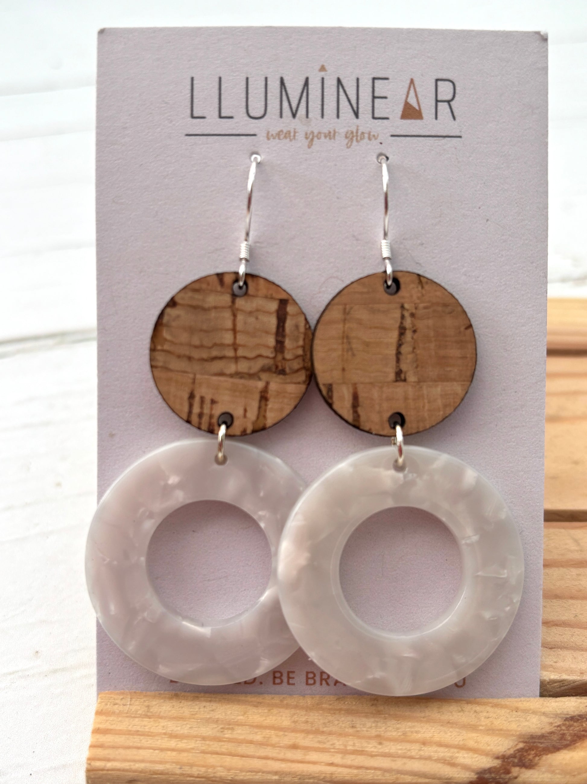 cork and marbled white hoop earrings with wood tops and silver hooks; bold handcrafted everyday statement jewelry