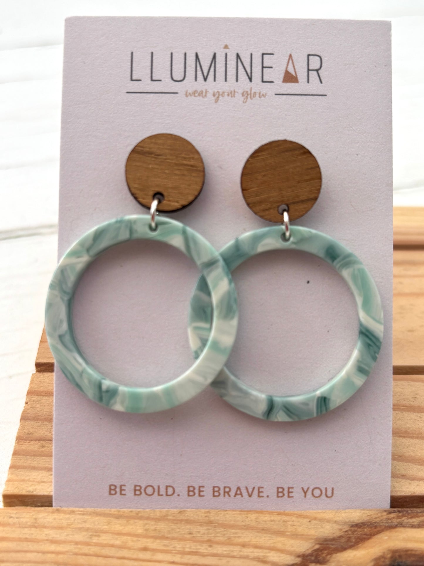 mint swirly hoop earrings with wood studs and marbled finish; bold handcrafted statement jewelry for daily wear