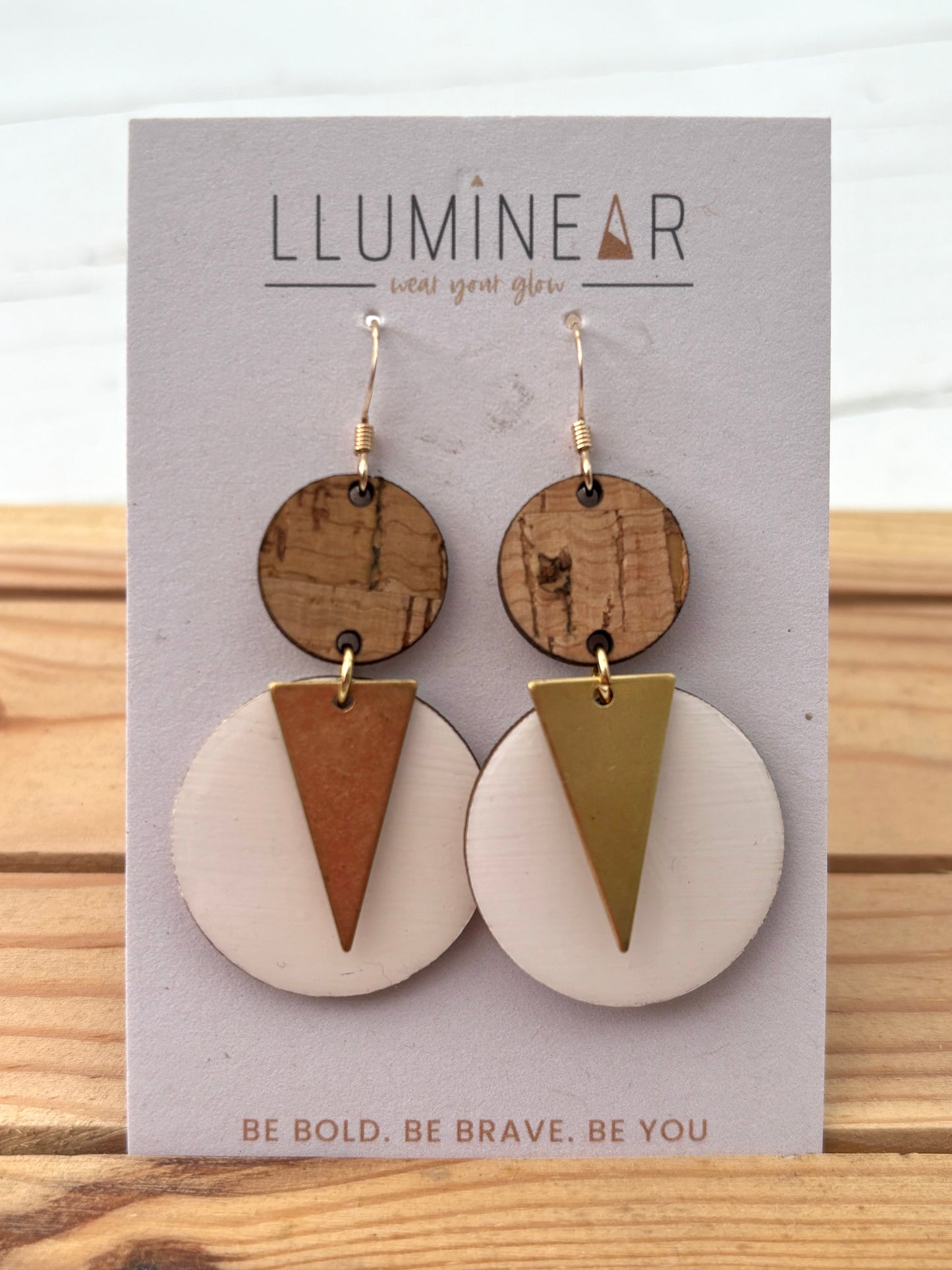 cork and white disc earrings with metallic triangle overlay; bold geometric statement jewelry for everyday wear