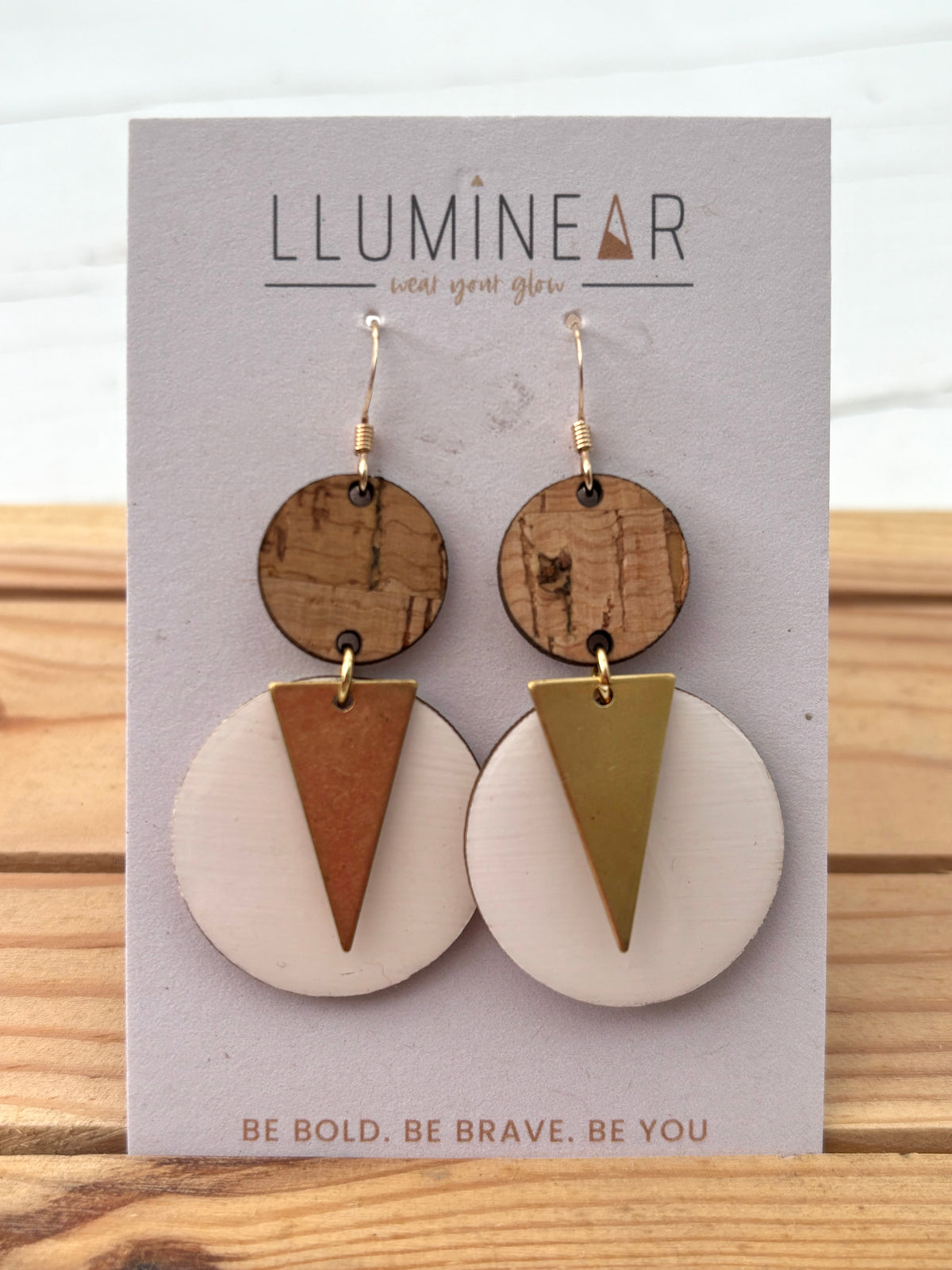 cork and white disc earrings with metallic triangle overlay; bold geometric statement jewelry for everyday wear
