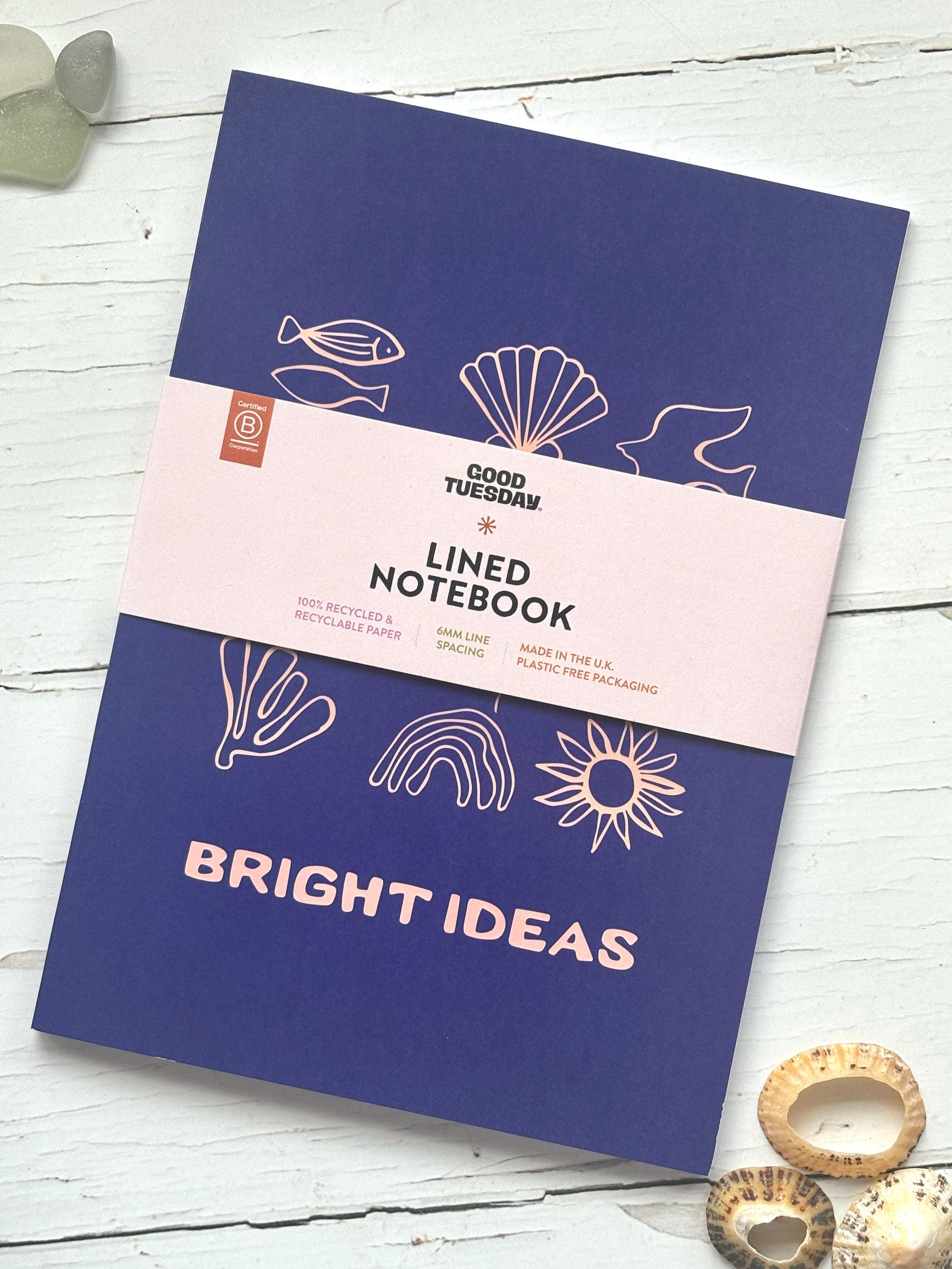 “Bright Ideas” coastal notebook with sea-themed icons—eco-friendly lined journal made in the UK with recycled paper