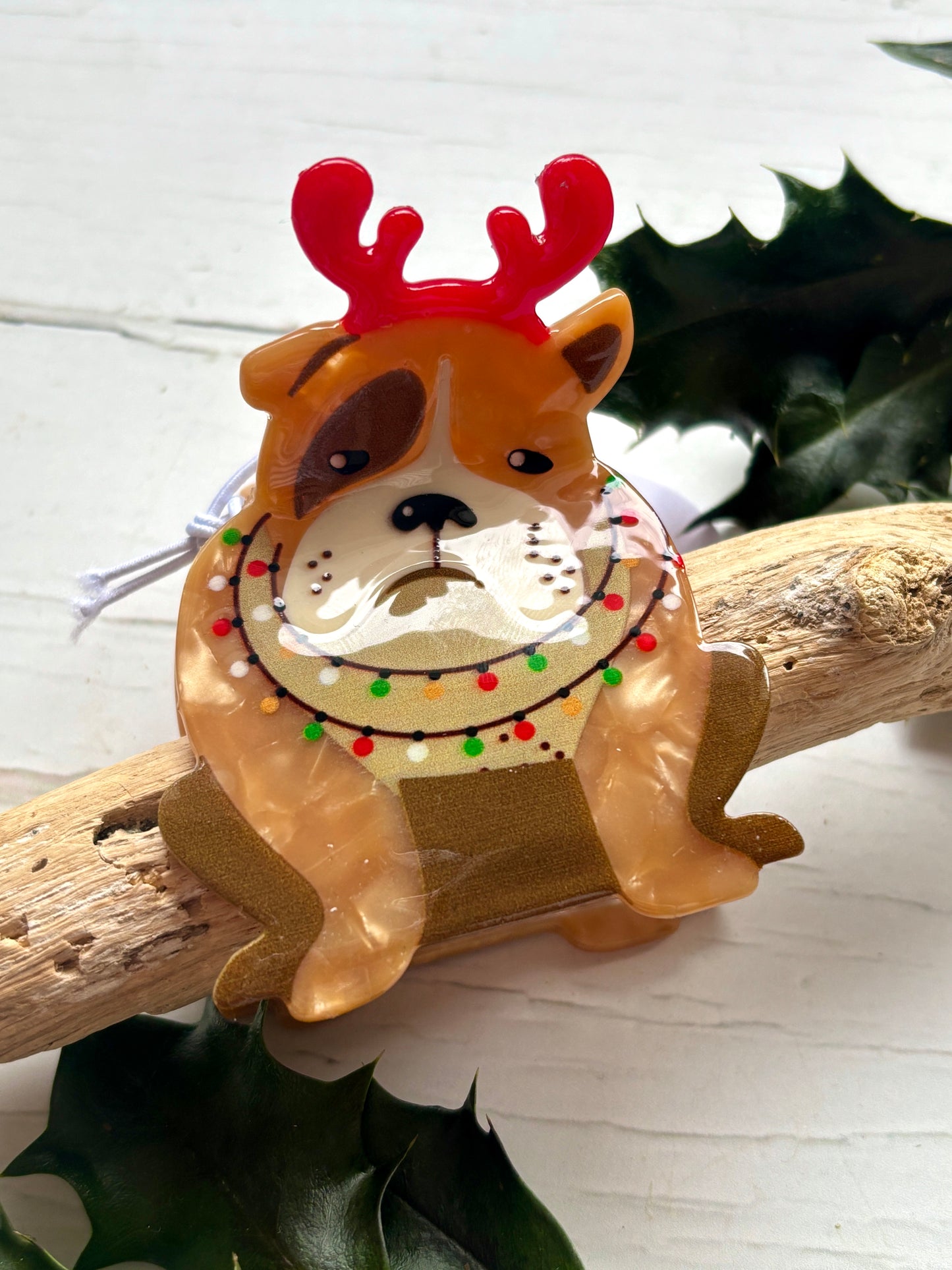 bulldog Christmas hair claw dog clip with reindeer antlers and painted holiday lights funny novelty pet accessory
