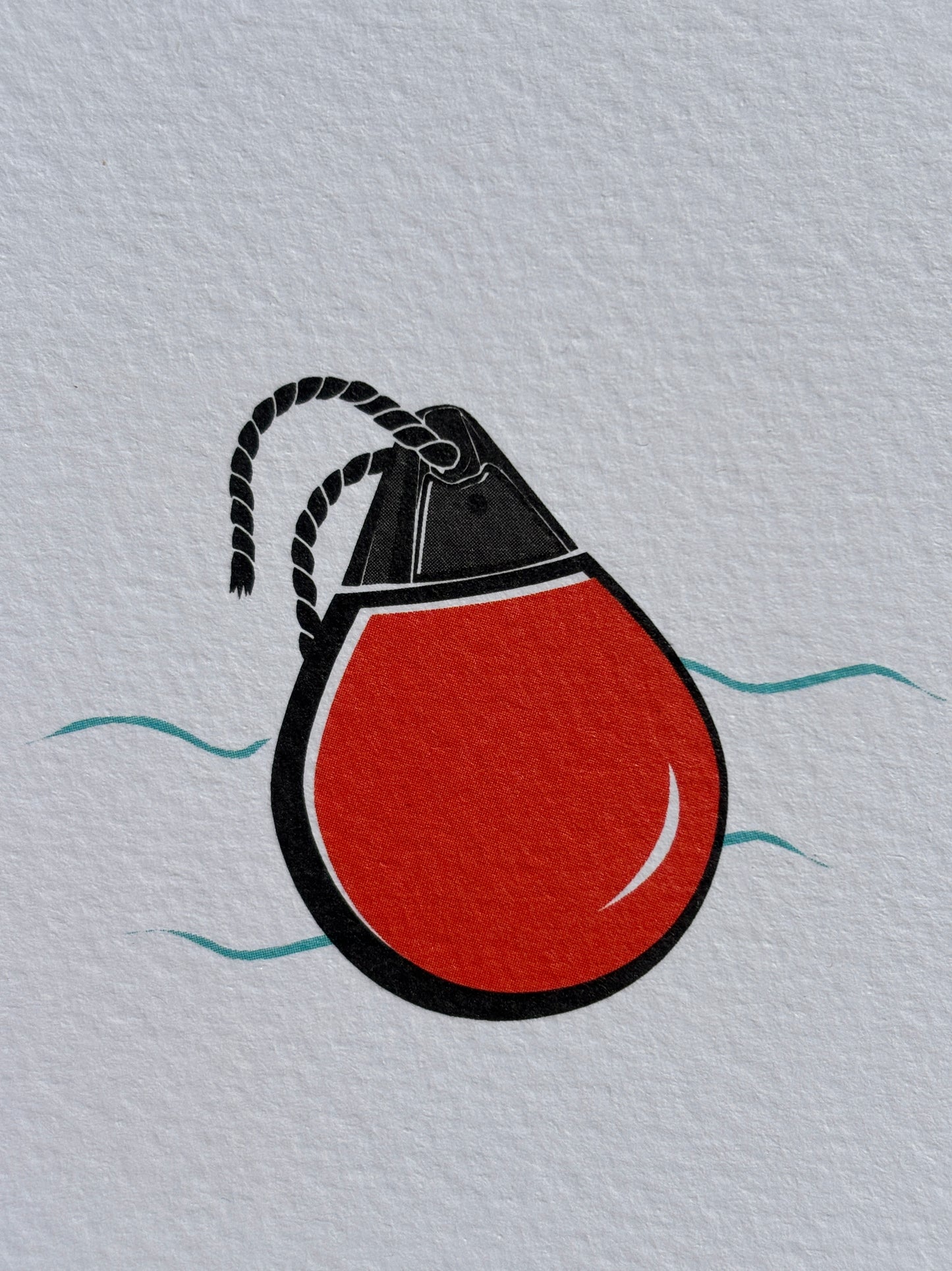closeup shot of of romantic square card art: Red buoy illustration with sea waves simple nautical love pun stationery