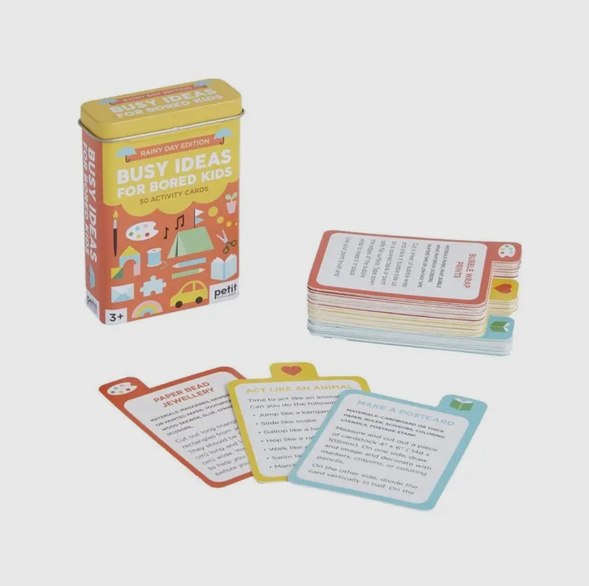 busy ideas for bored kids rainy day edition 50 activity cards and tin indoor fun, craft ideas, children's educational games, creative play