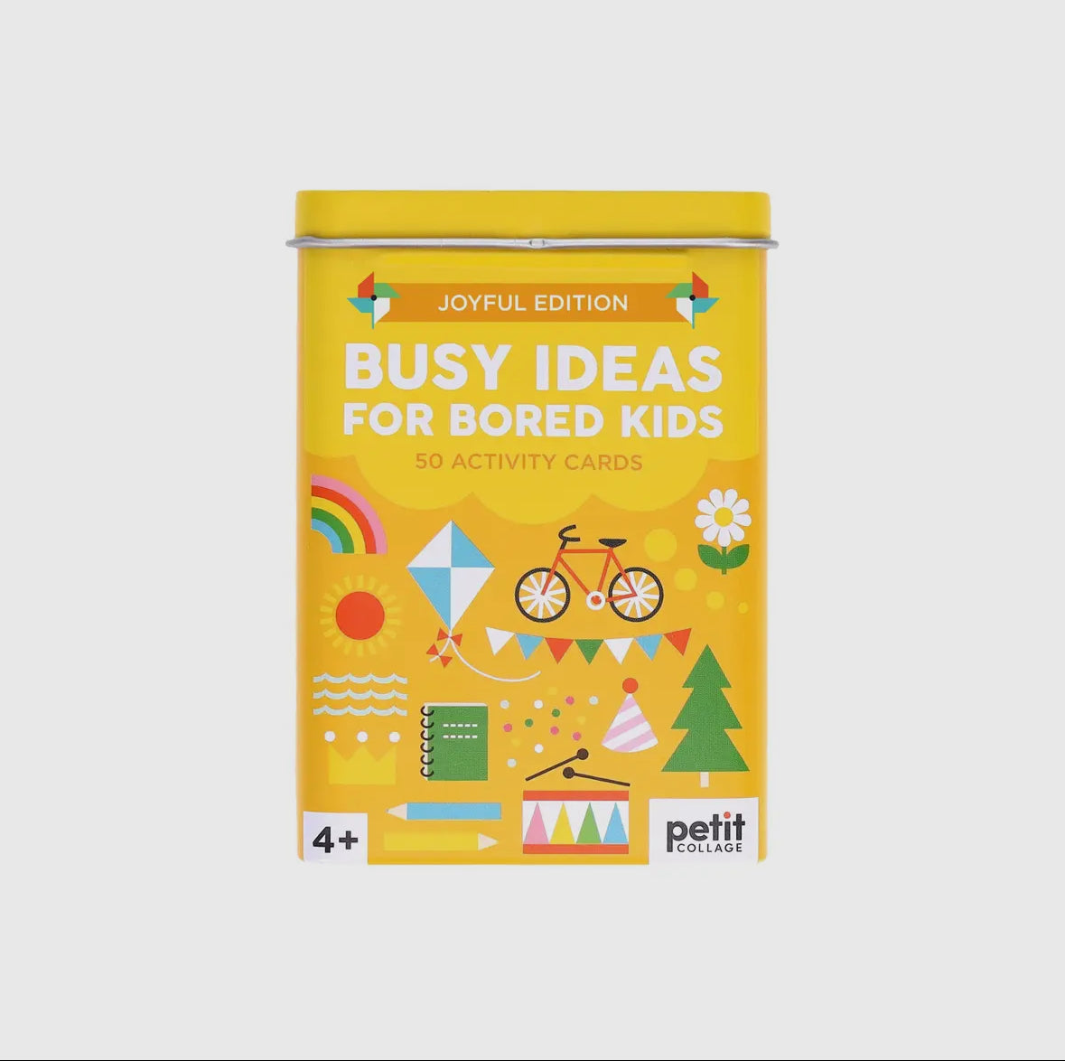 busy Ideas for bored kids joyful edition 50 activity cards in a yellow tin children's fun indoor games, creative play, educational toys