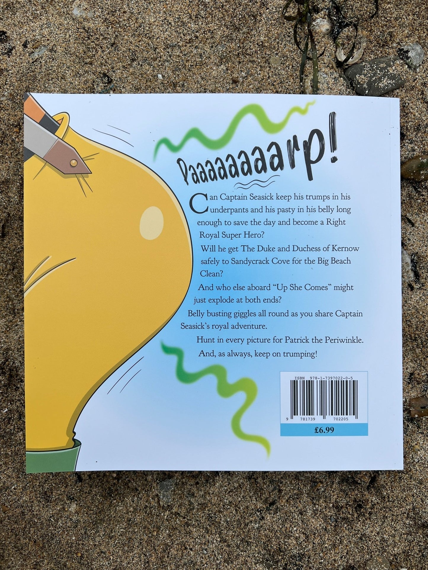 Captain Seasick's Royal Appointment book back cover with synopsis and ISBN funny children's picture book, seaside adventure, UK retail price